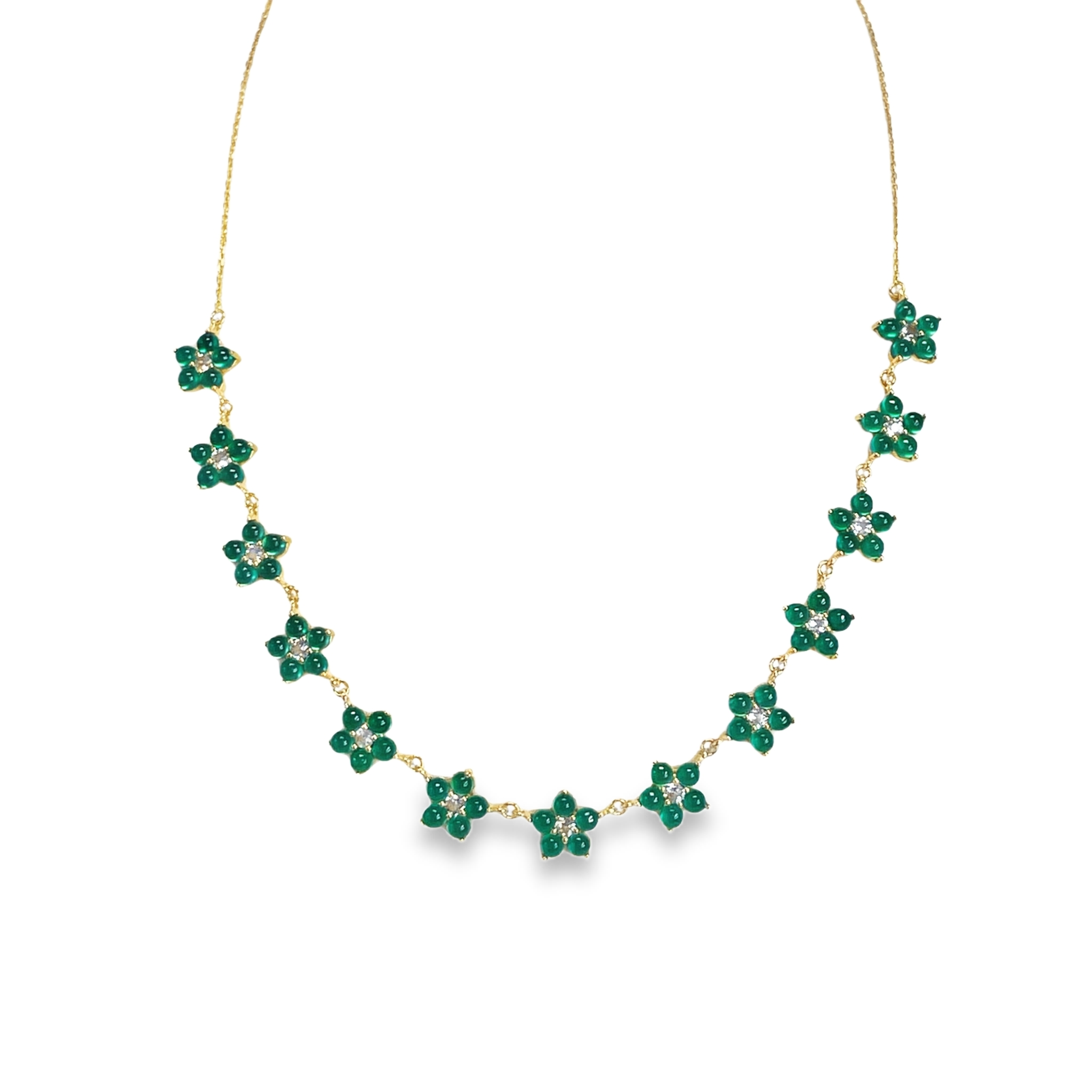 925YG STATION FLOWER 10MM ONYX GREEN CENTER TOPAZ WHITE NECKLACE