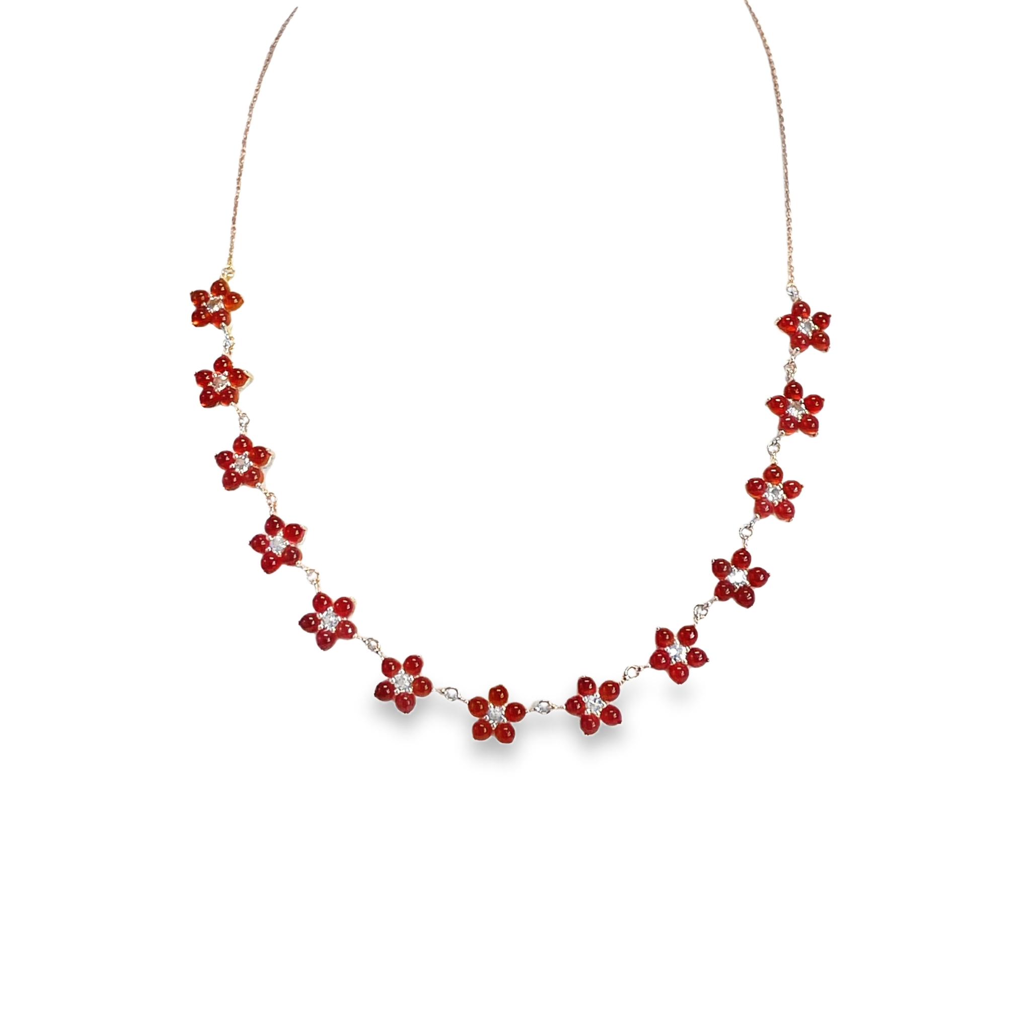 925RG STATION FLOWER 10MM ONYX RED CENTER TOPAZ WHITE NECKLACE
