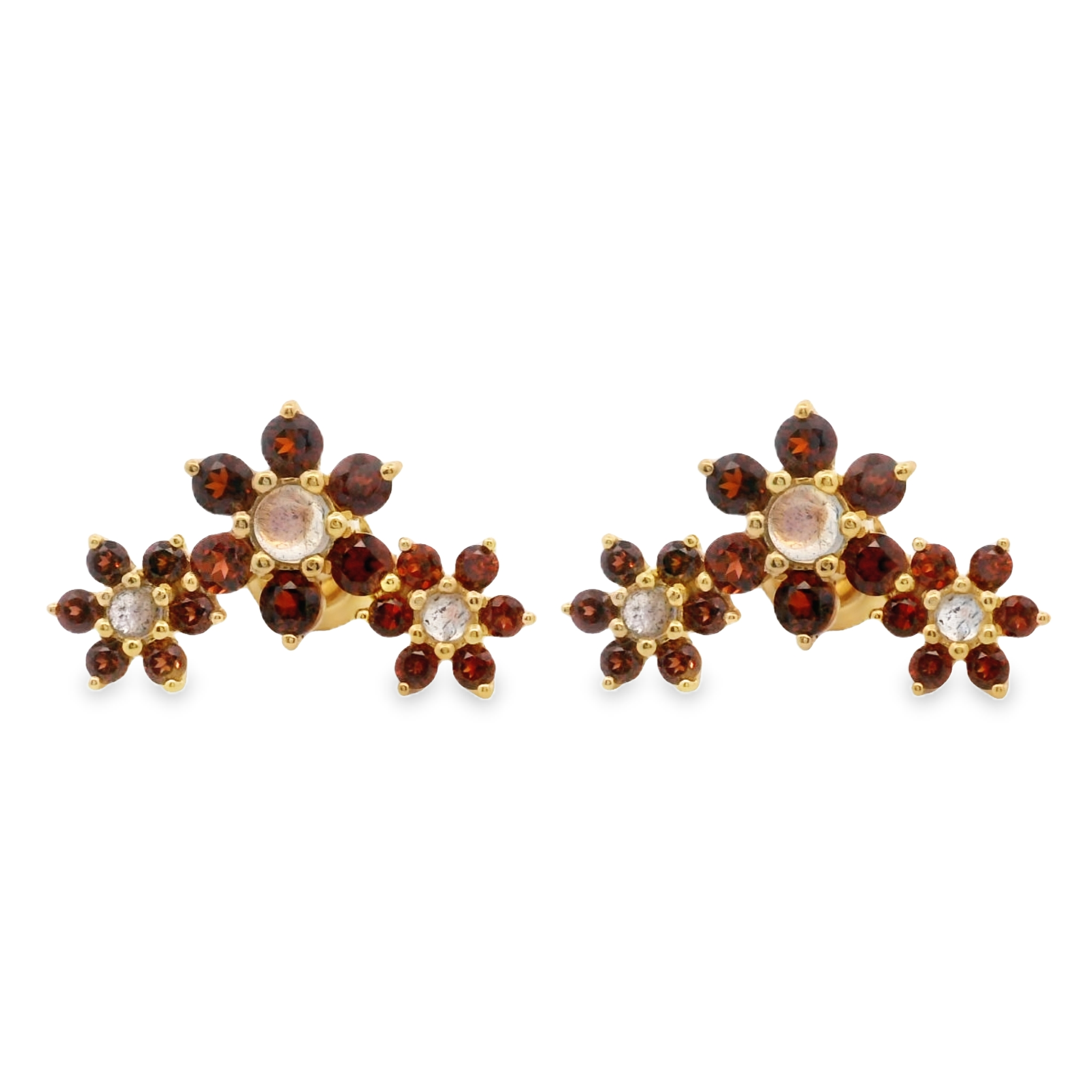 925YG TRIPLE FOWER GARNET CENTER LABRADORITE EARRINGS