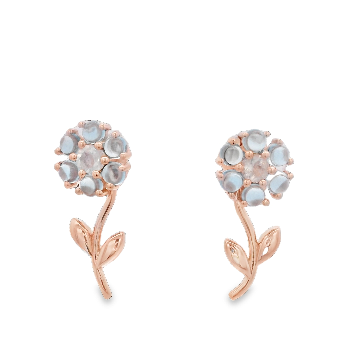925RG FLOWER 8MM REMOVABLE STEM TOPAZ BLUE CENTER CENTER MOOSTONE EARRINGS