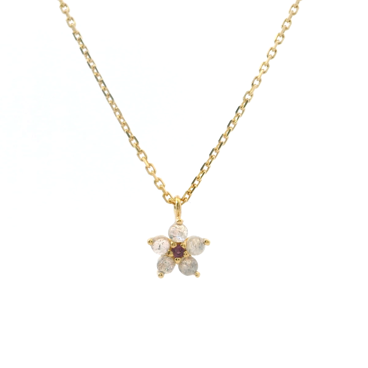925YG FLOWER 6MM LABRADORITE CENTER GARNET NECKLACE