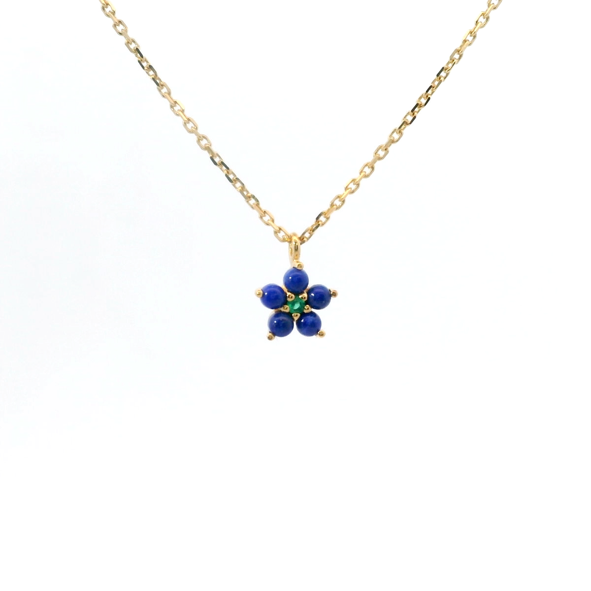 925YG FLOWER 6MM LAPIS LAZULI CENTER ONYX GREEN NECKLACE