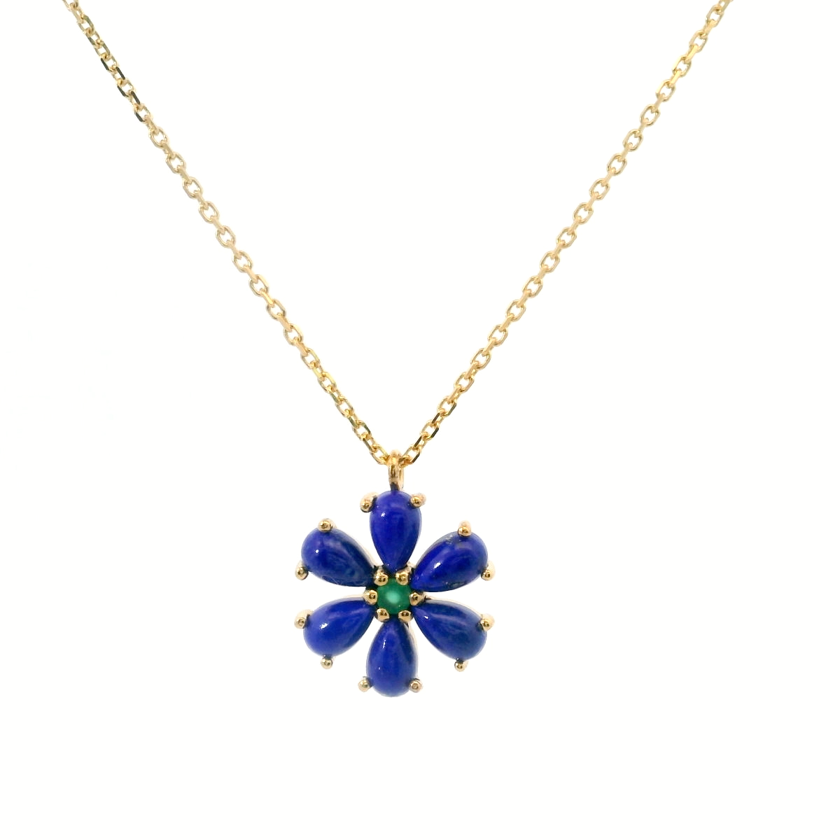 925YG FLOWER 12MM LAPIS LAZULI CENTER ONYXS GREEN NECKLACE
