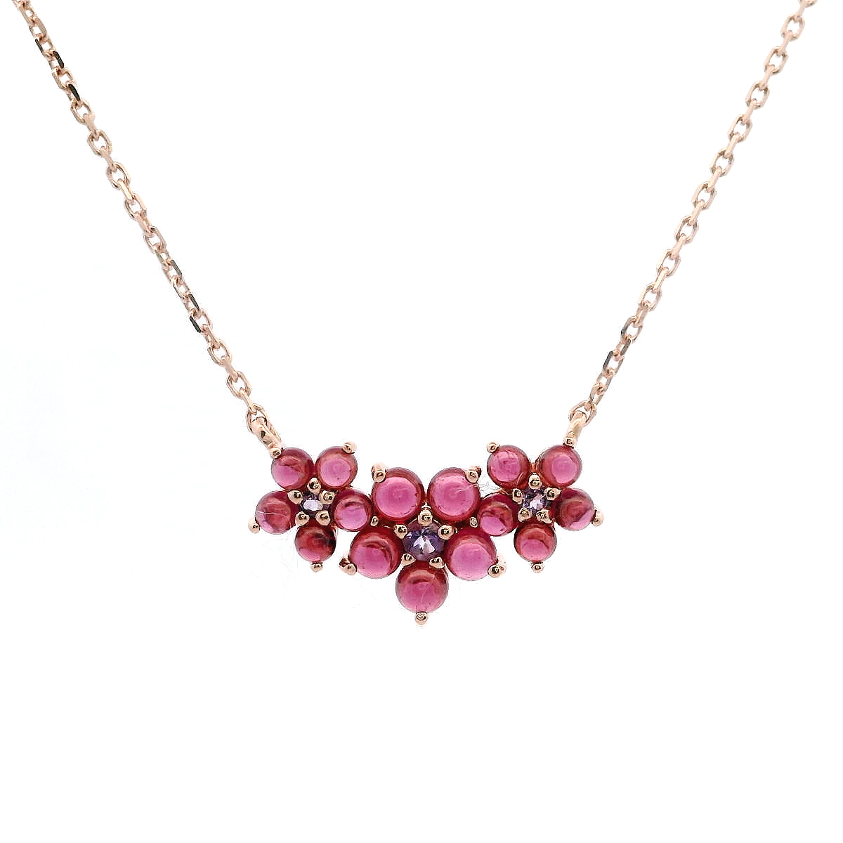 925RG TRIPLE FLOWER CENTER 8MM GARNET CENTER AMETHYST NECKLACE
