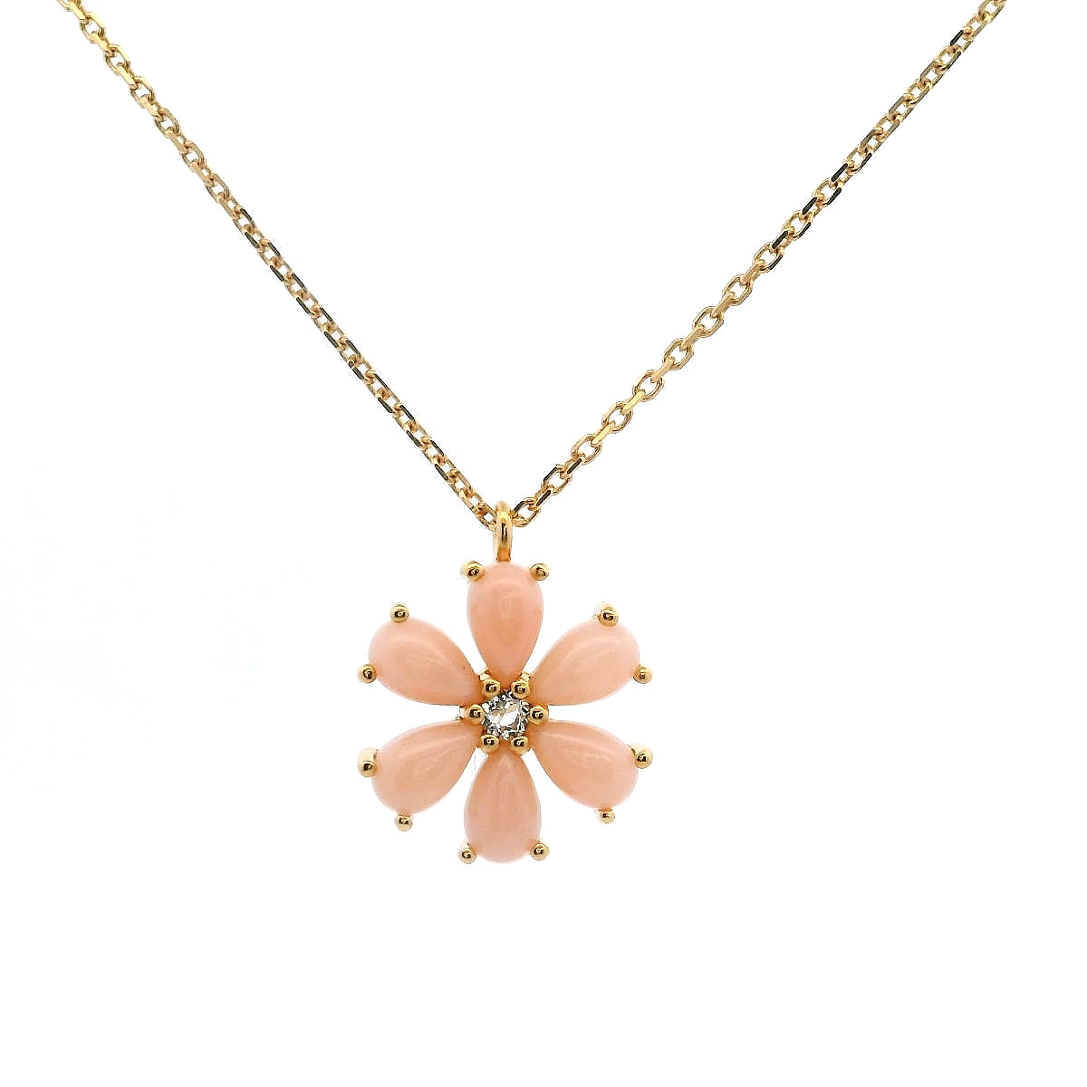 925YG FLOWER 12MM OPAL PINK CENTER TOPAZ WHITE NECKLACE