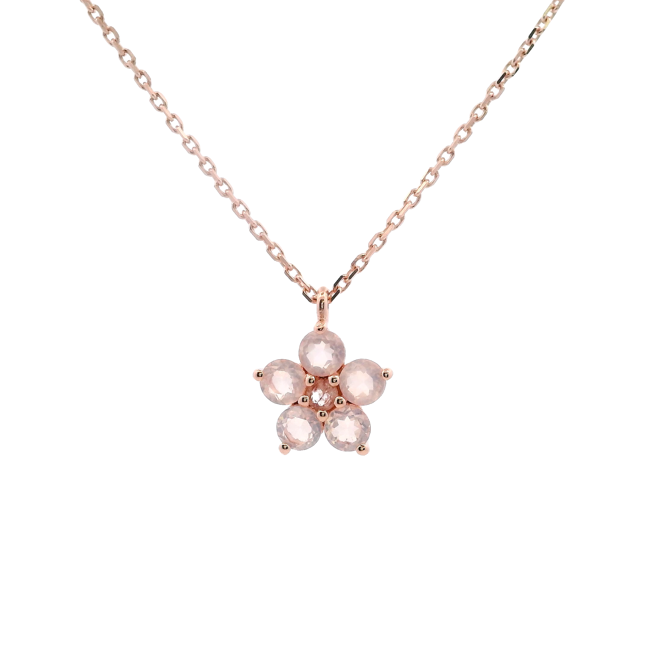 925RG FLOWER 9MM ROSE QUARTZ CENTER STRAWEBERRY PINK NECKLACE