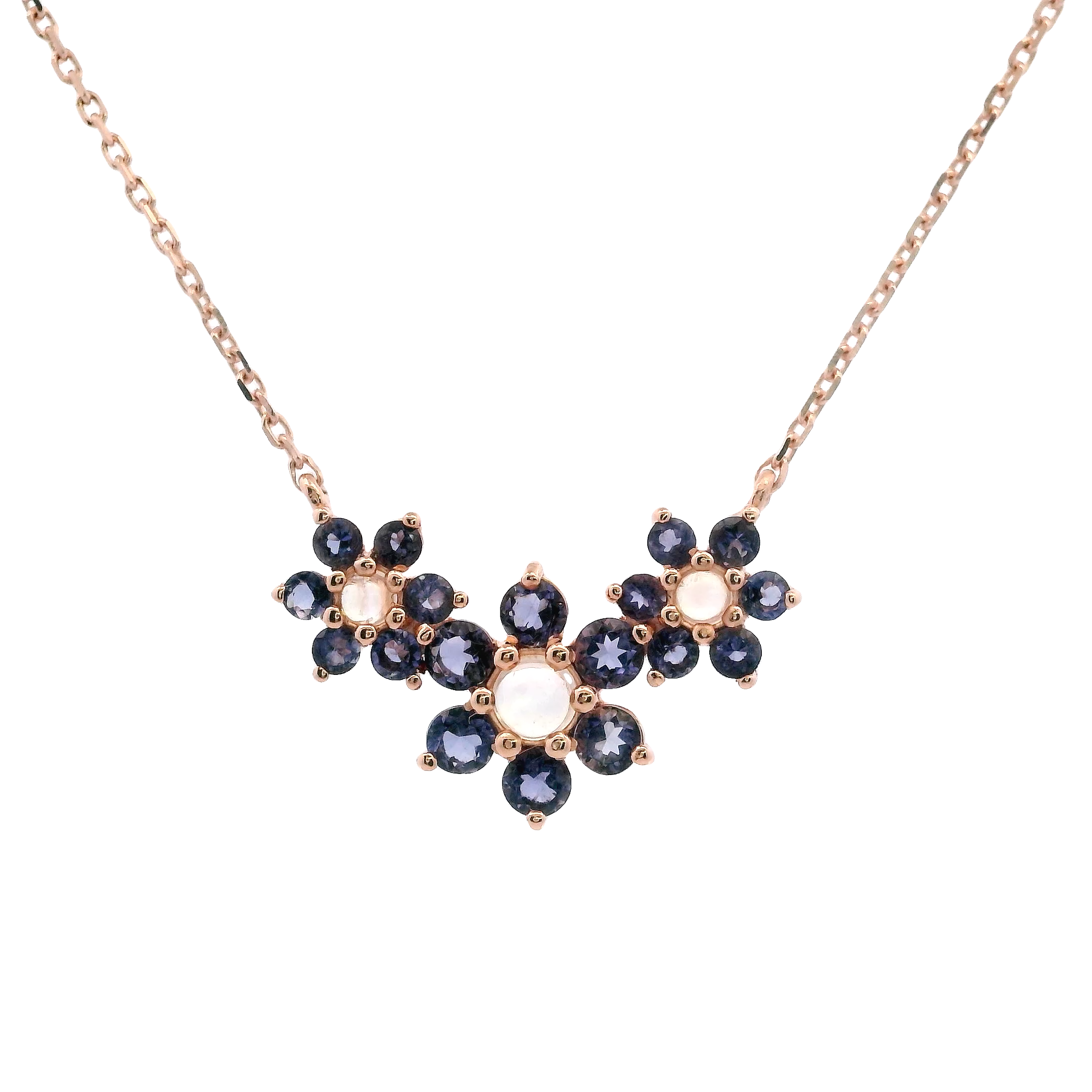 925RG TRIPLE FLOWER CENTER 11MM MOOSTONE CENTER IOLITE NECKLACE