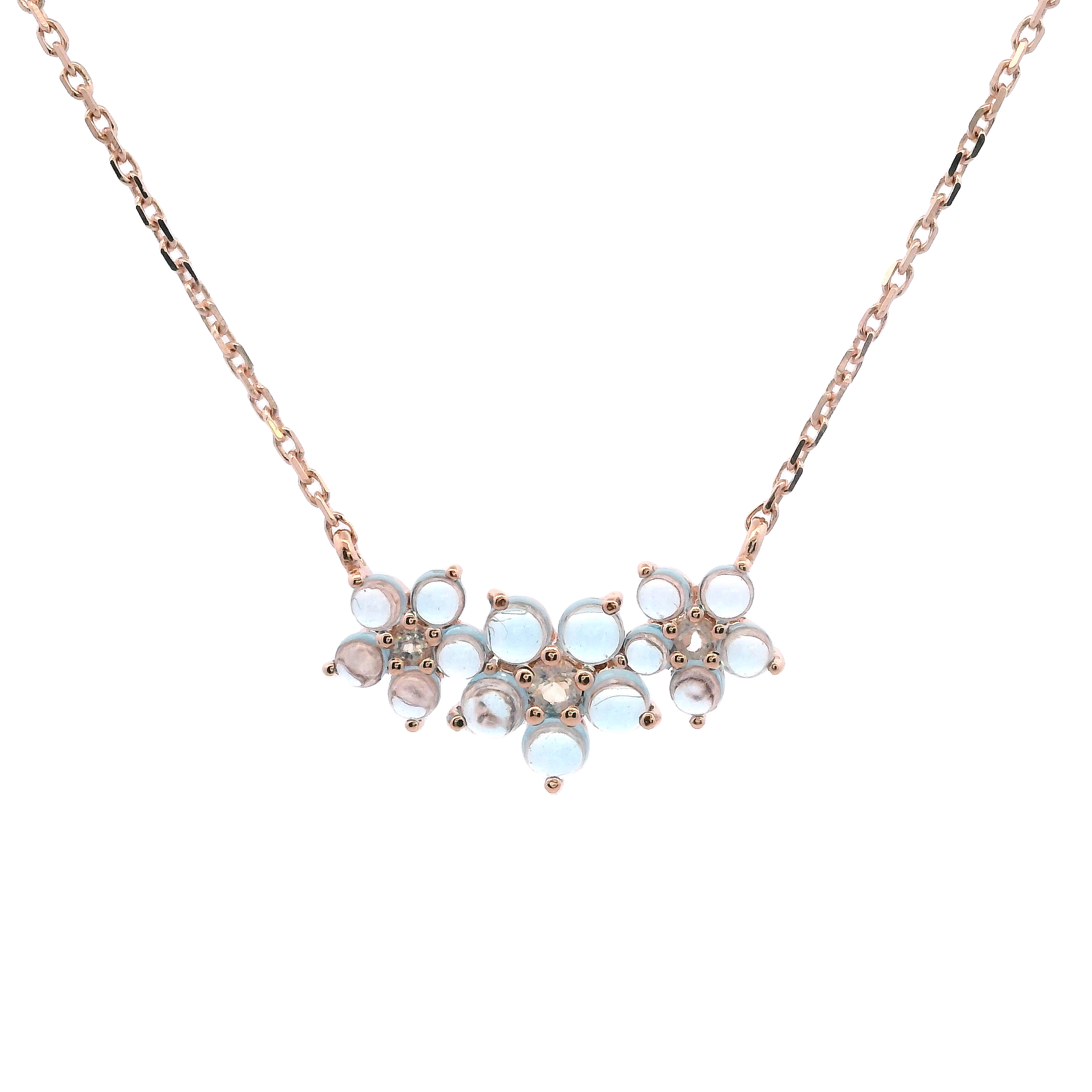 925YG TRIPLE FLOWER CENTER 8MM TOPAZ BLUE CENTER MOOSTONE NECKLACE