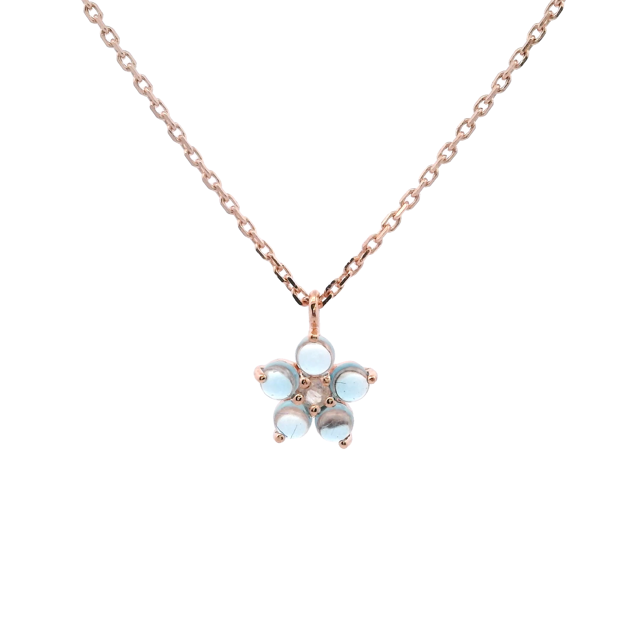 925RG FLOWER 8MM TOPAZ BLUE CENTER MOONSTONE NECKLACE