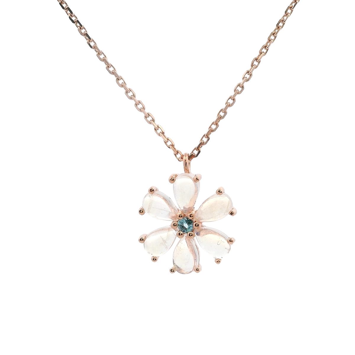 925RG FLOWER 12MM MOOSTONE CENTER TOPAZ BLUE NECKLACE