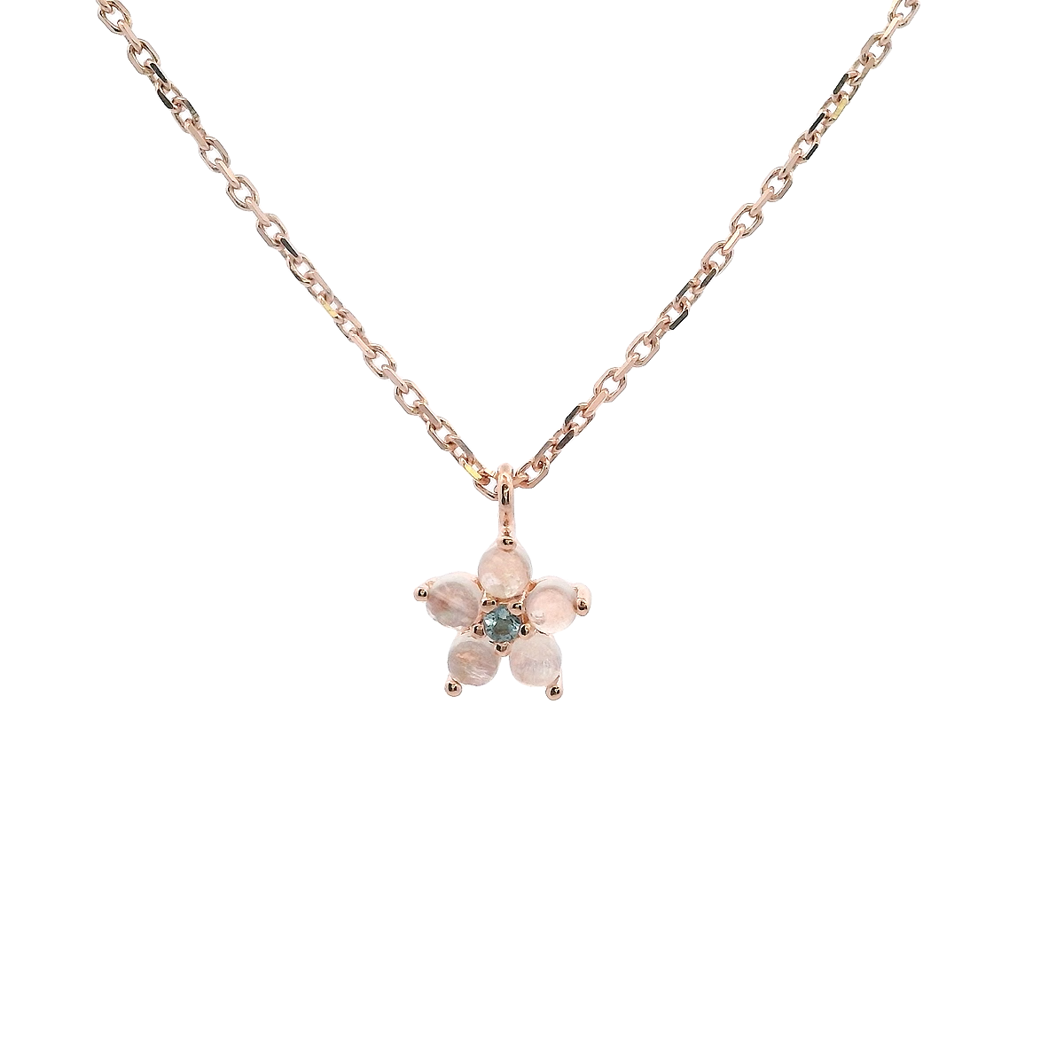 925RG FLOWER 6MM MOOSTONE CENTER TOPAZ BLUE NECKLACE