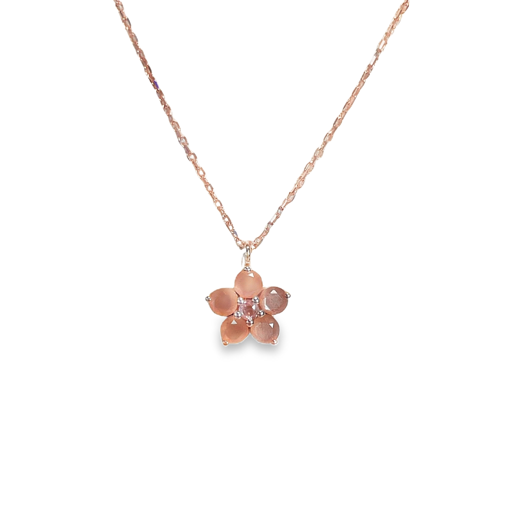 925RG FLOWER 9MM MOOSTONE PEACH CENTER ROSE QUARTZ NECKLACE