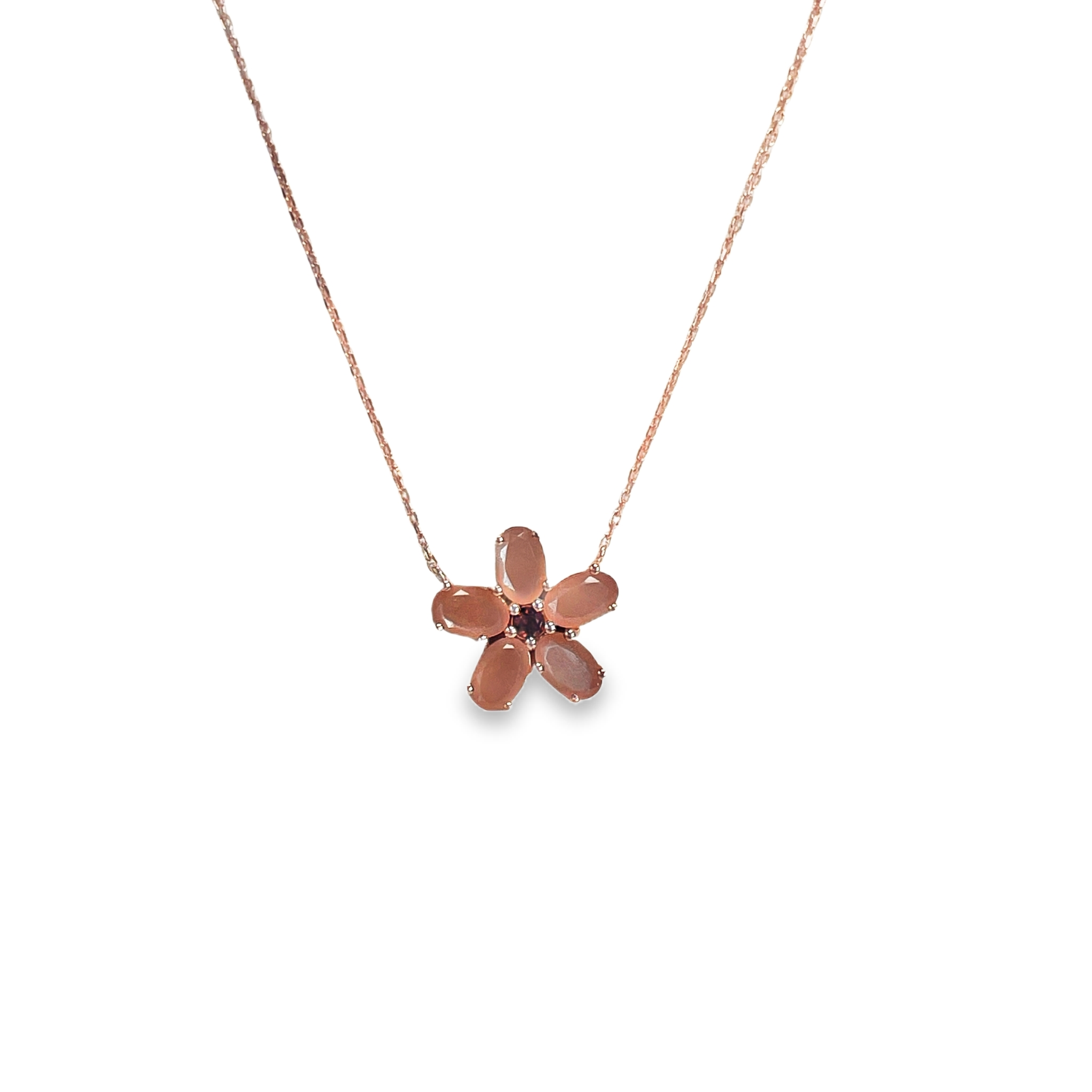 925RG FLOWER 14MM MOONSTONE CENTER GARNET NECKLACE