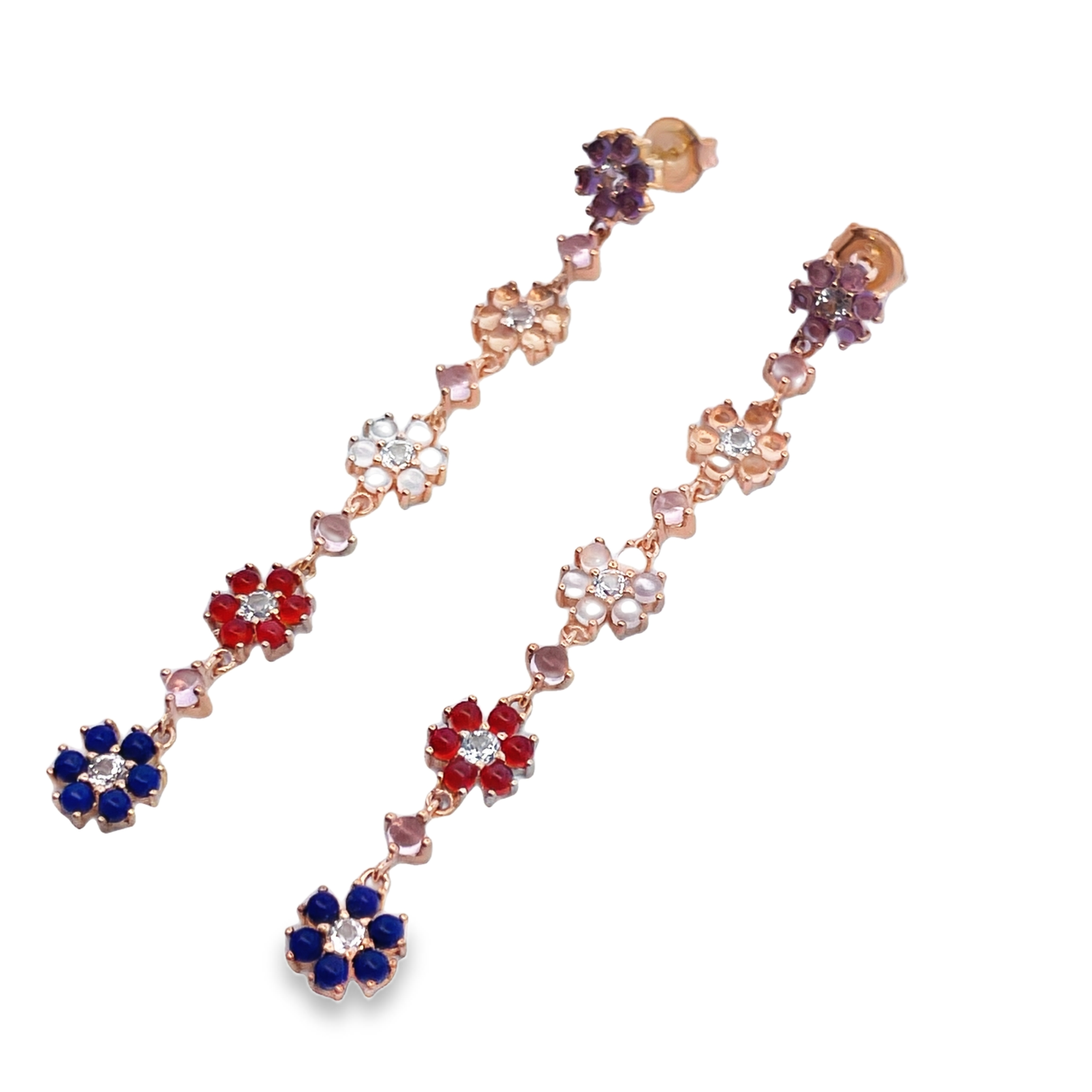 925YG DROP FIVE FLOWER 7MM AMETHYST CITRINE MOOSTONE ONYX RED LAPIS EARRINGS