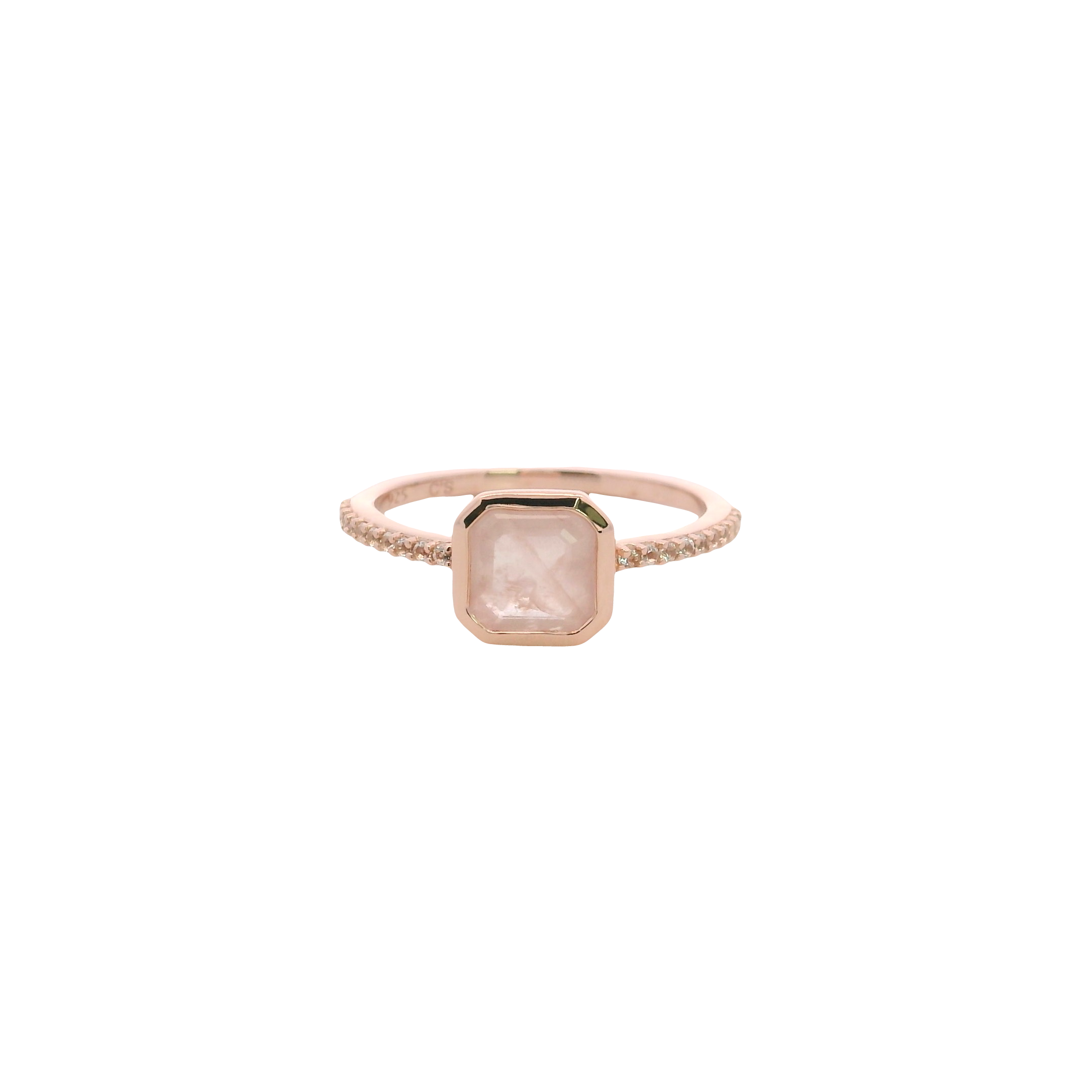 925RG CUSHION BEZEL ROSE QUARTZ OPAQUE AROUND TOPAZ WHITE RING T6.5