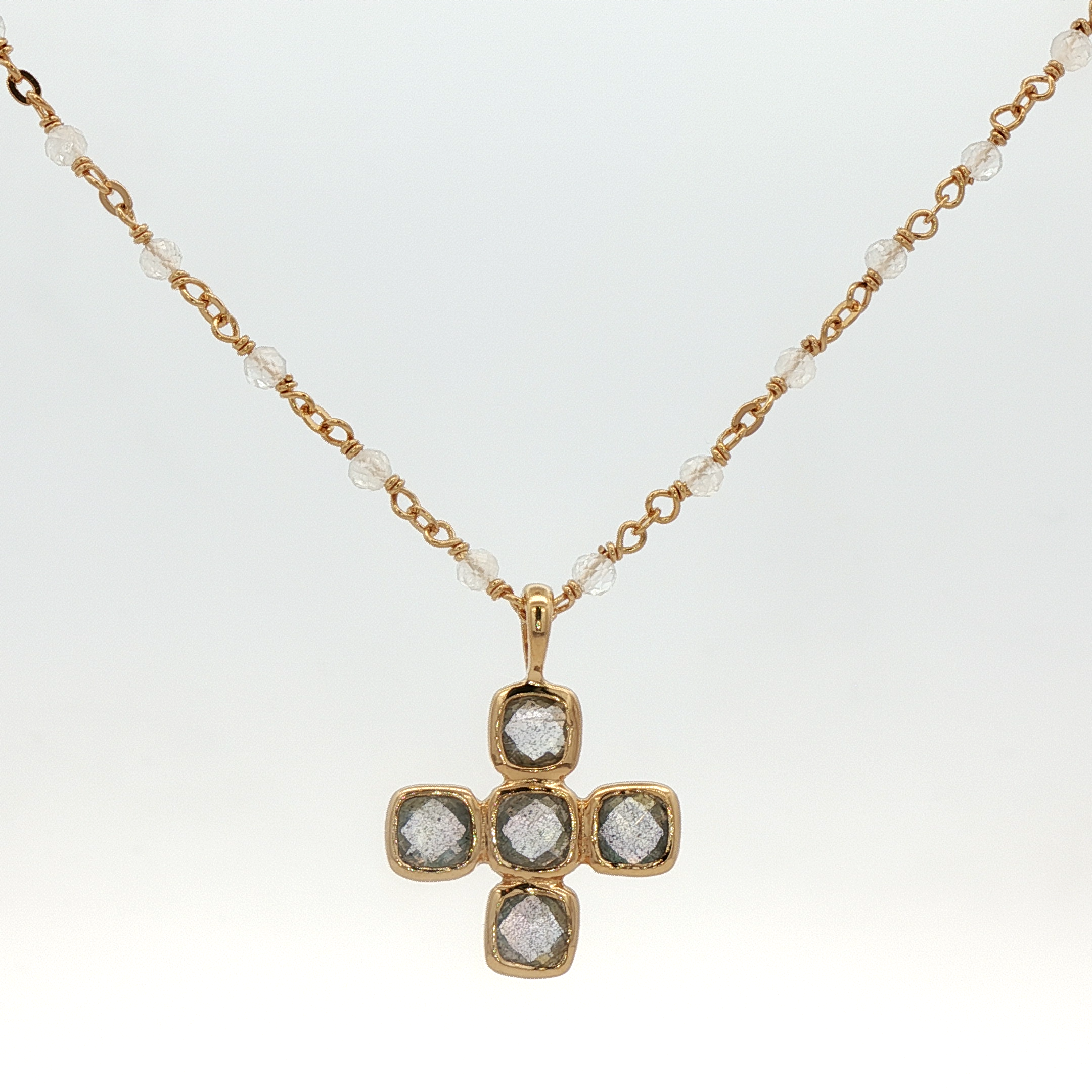 925YG CROSS LABRADORITE AND BEANDS MOOSTONE NECKLACE