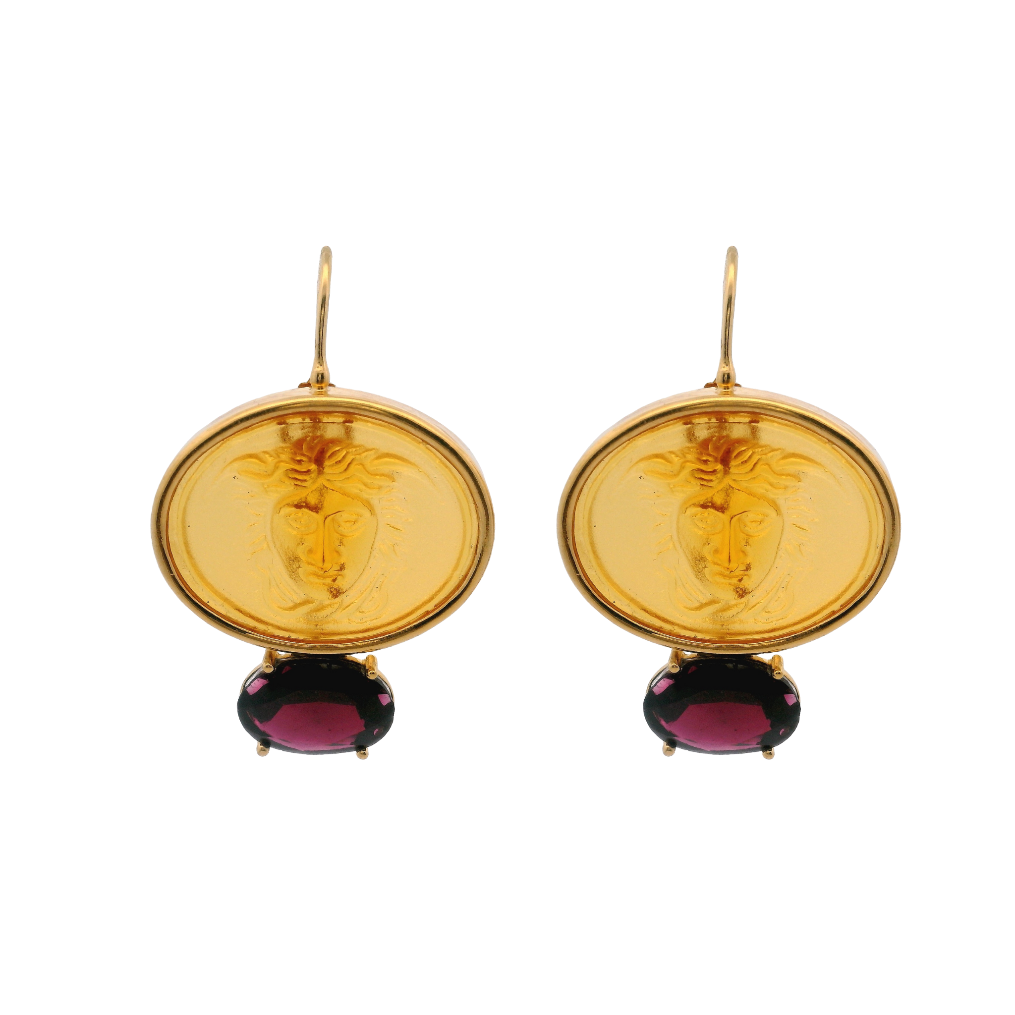925GG OVAL MEDUSA VENETIAN GLASS YELLOW AND GARNET EARRINGS