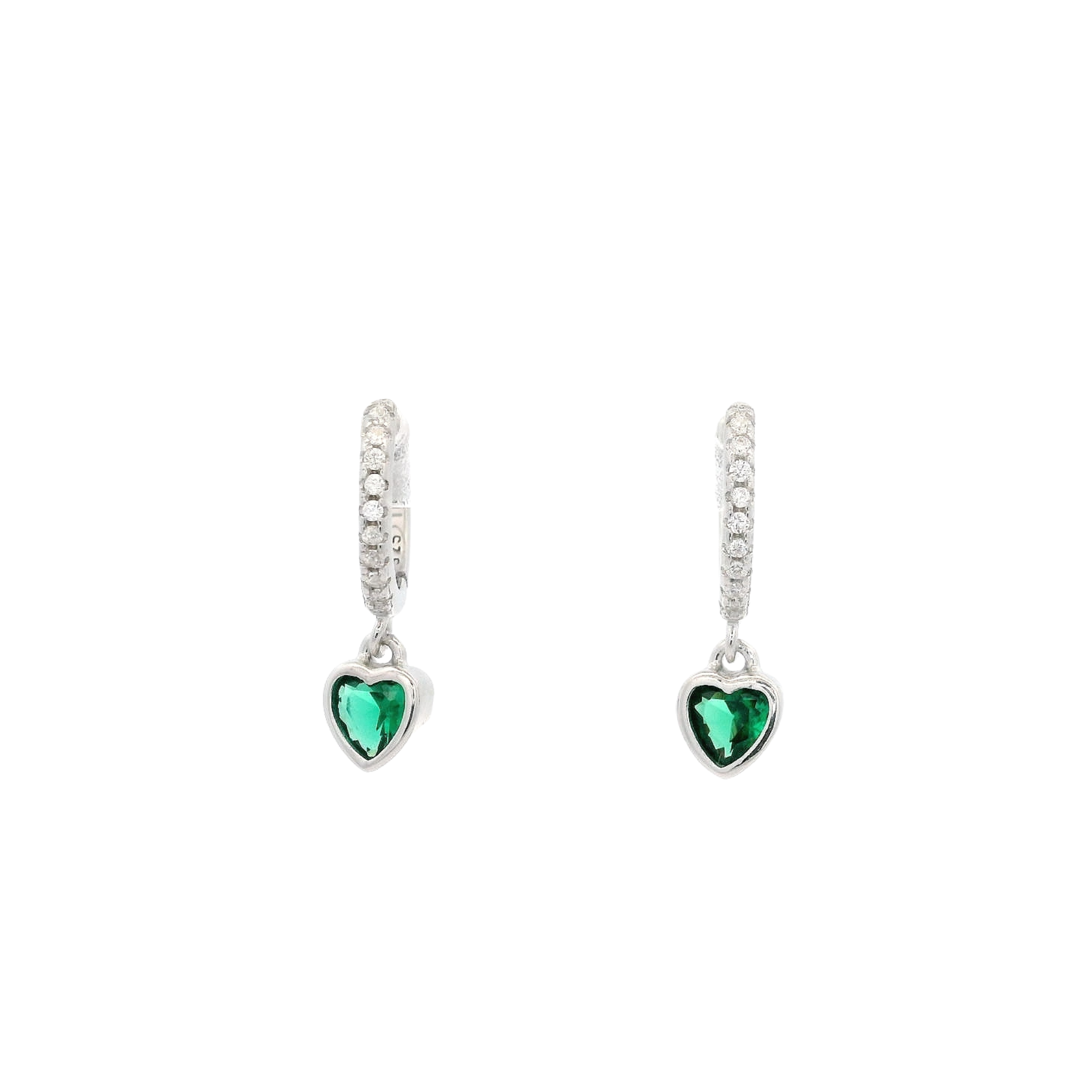 925SS BEZEL HEART HANGING CZ GREEN HUGGIES
