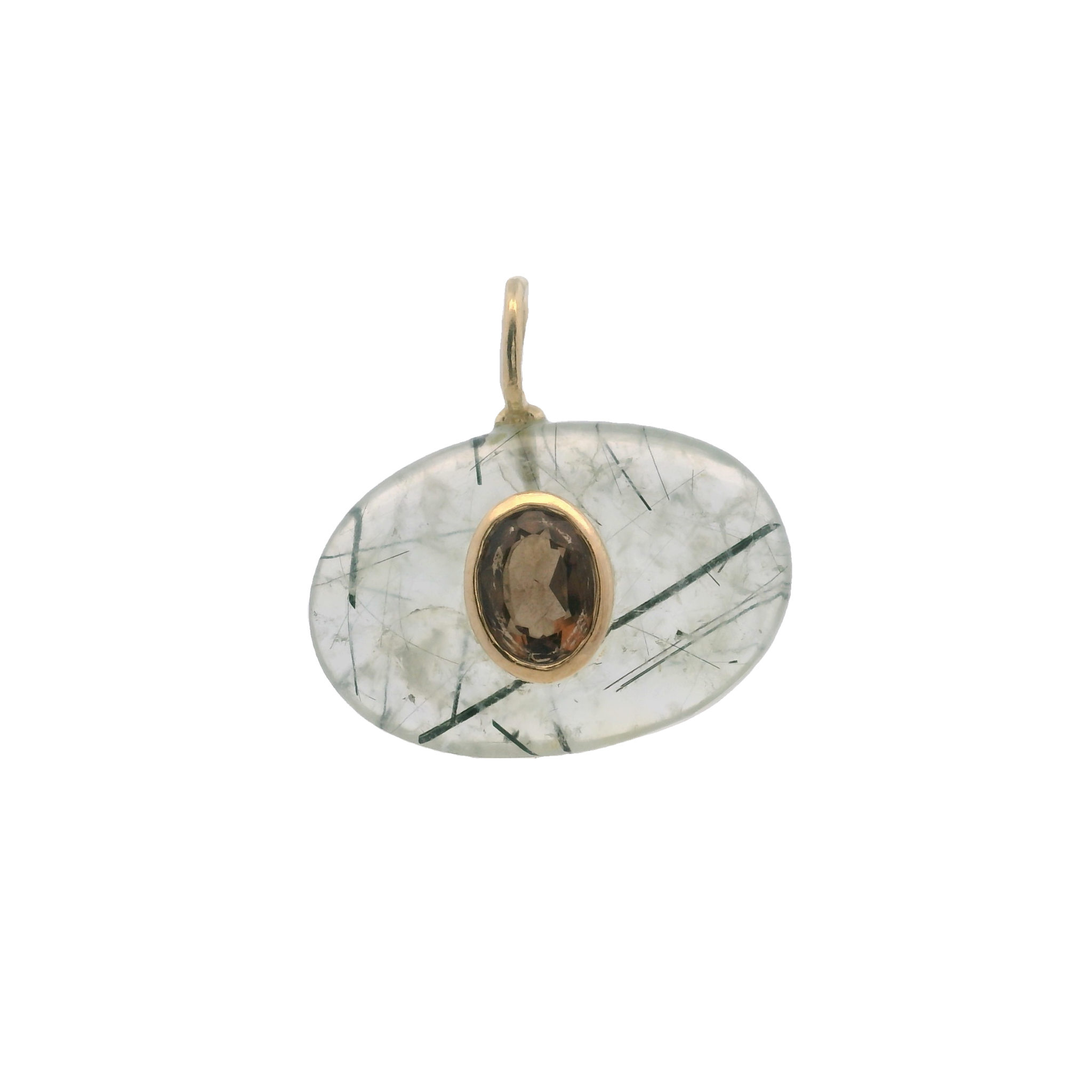 925YG OVAL RUTILATED QUARTZ CENTER SMOKY QUARTZ CHARM