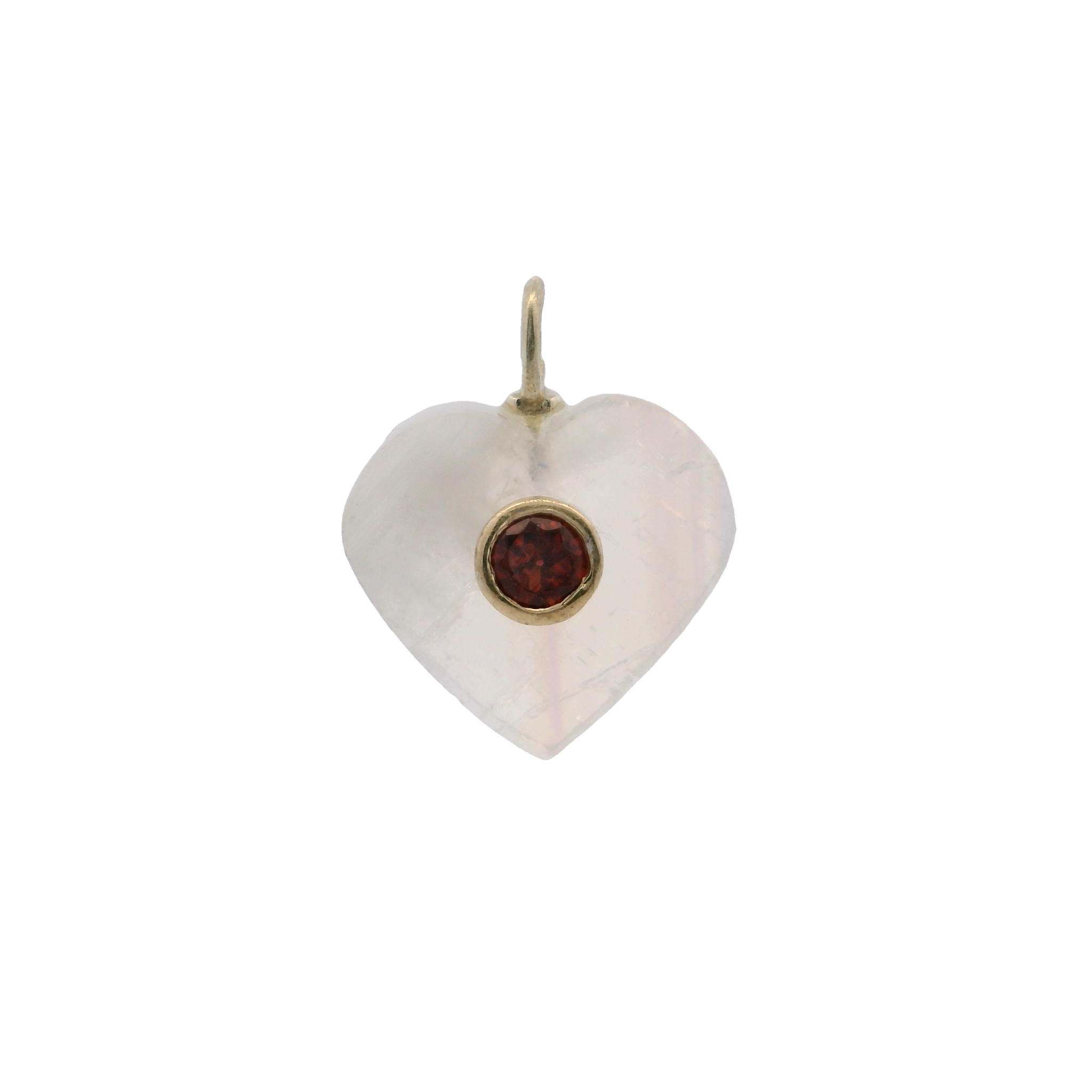 925YG HEART MOOSTONE CENTER GARNET CHARM