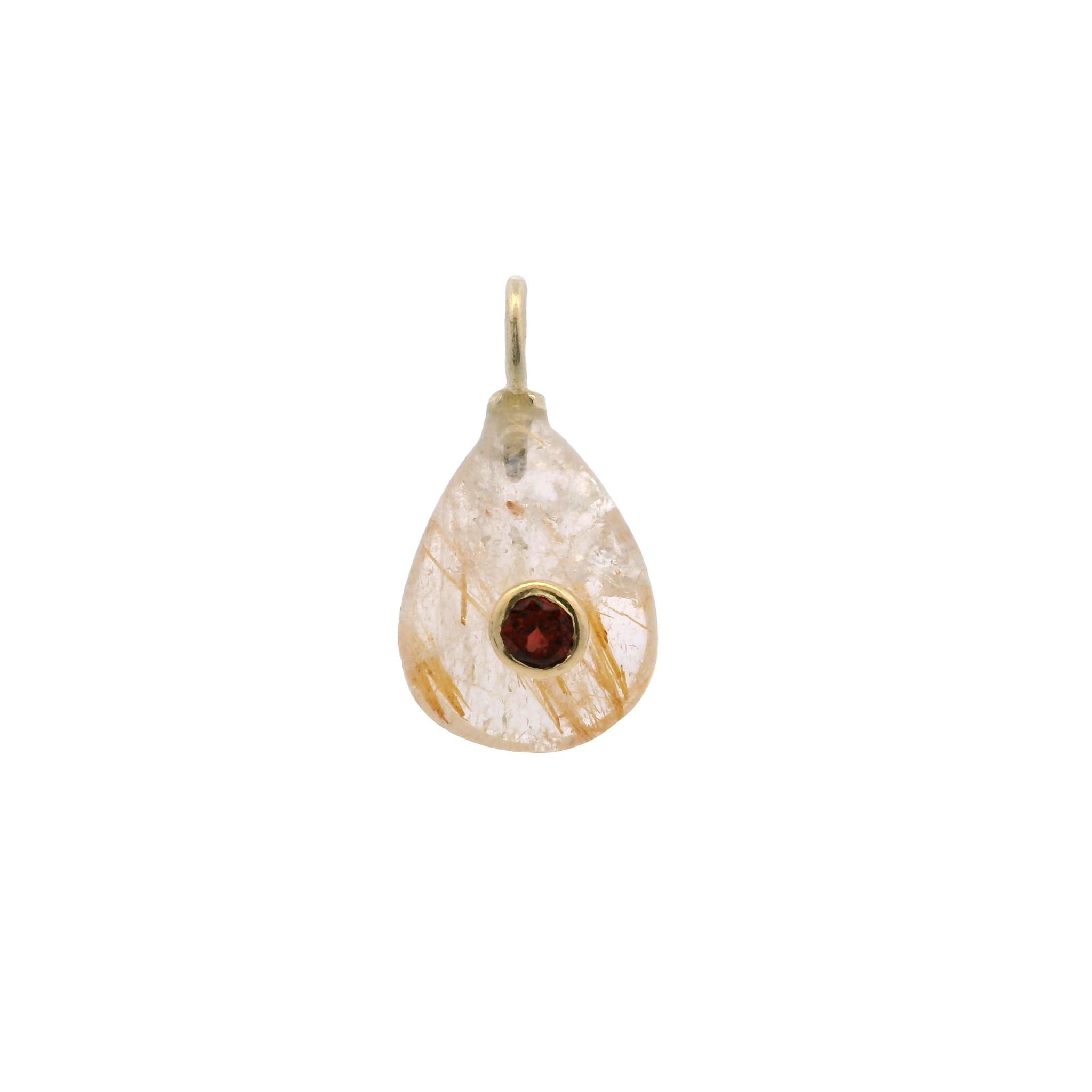 925YG DROP QUARTZ RUTILE CENTER GARNET CHARM