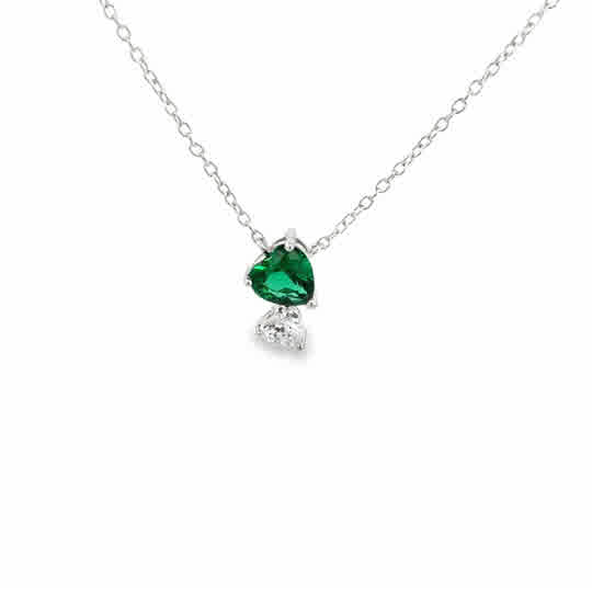925SS DOUBLE HEART WHITE AND GREEN CZ NECKLACE