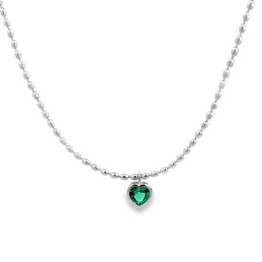 925SS SOLITARY HEART GREEN CZ BEAND NECKLACE