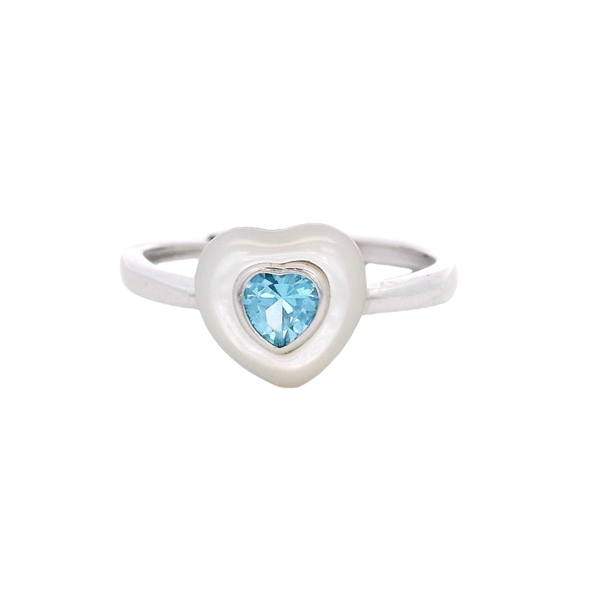 ADJUSTABLE RING 925SS HEART CZ SKY BLUE AND SHELL PEARL