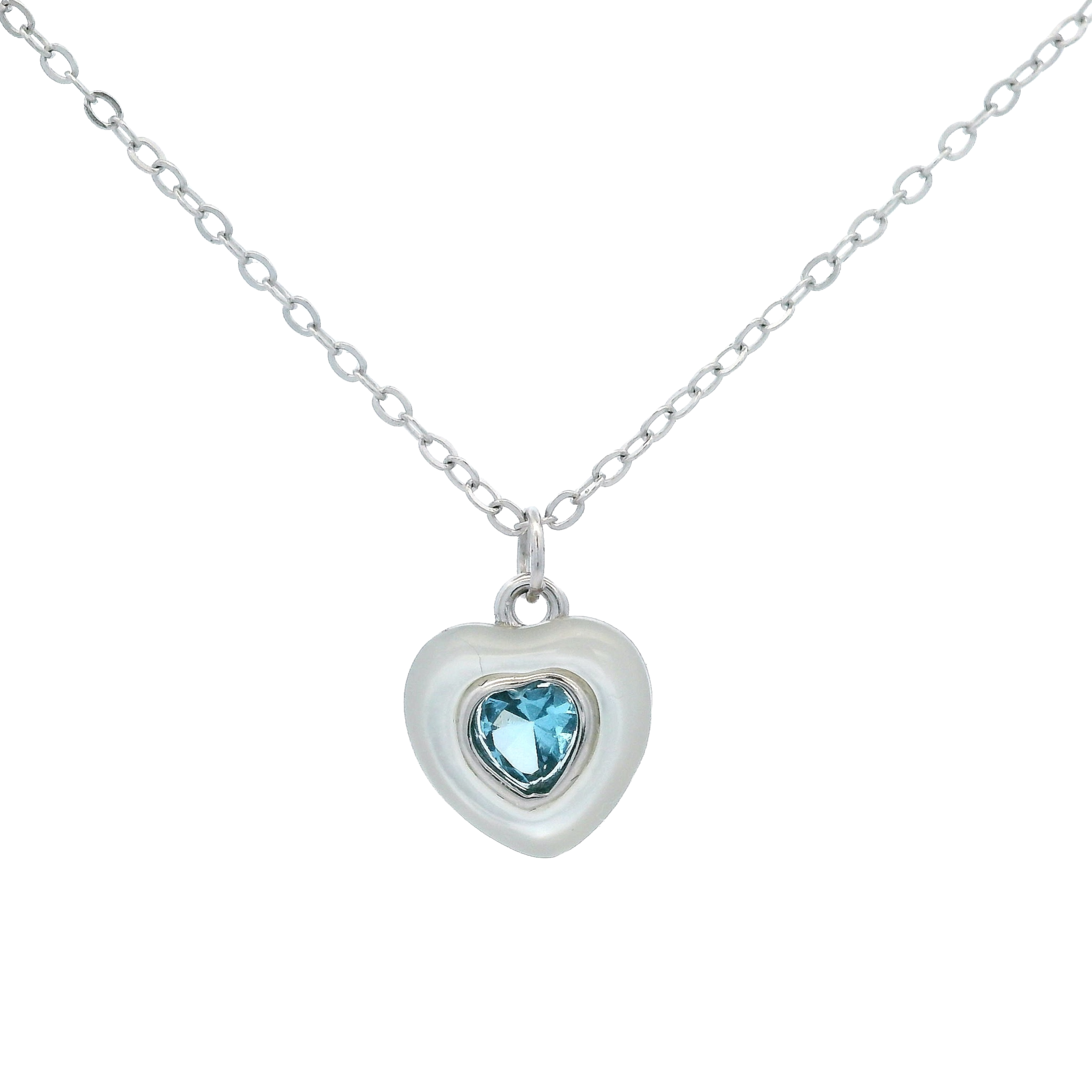 925 STERLING SILVER HEART SKY BLUE CUBIC ZIRCONIA AND SHELL PEARL NECKLACE