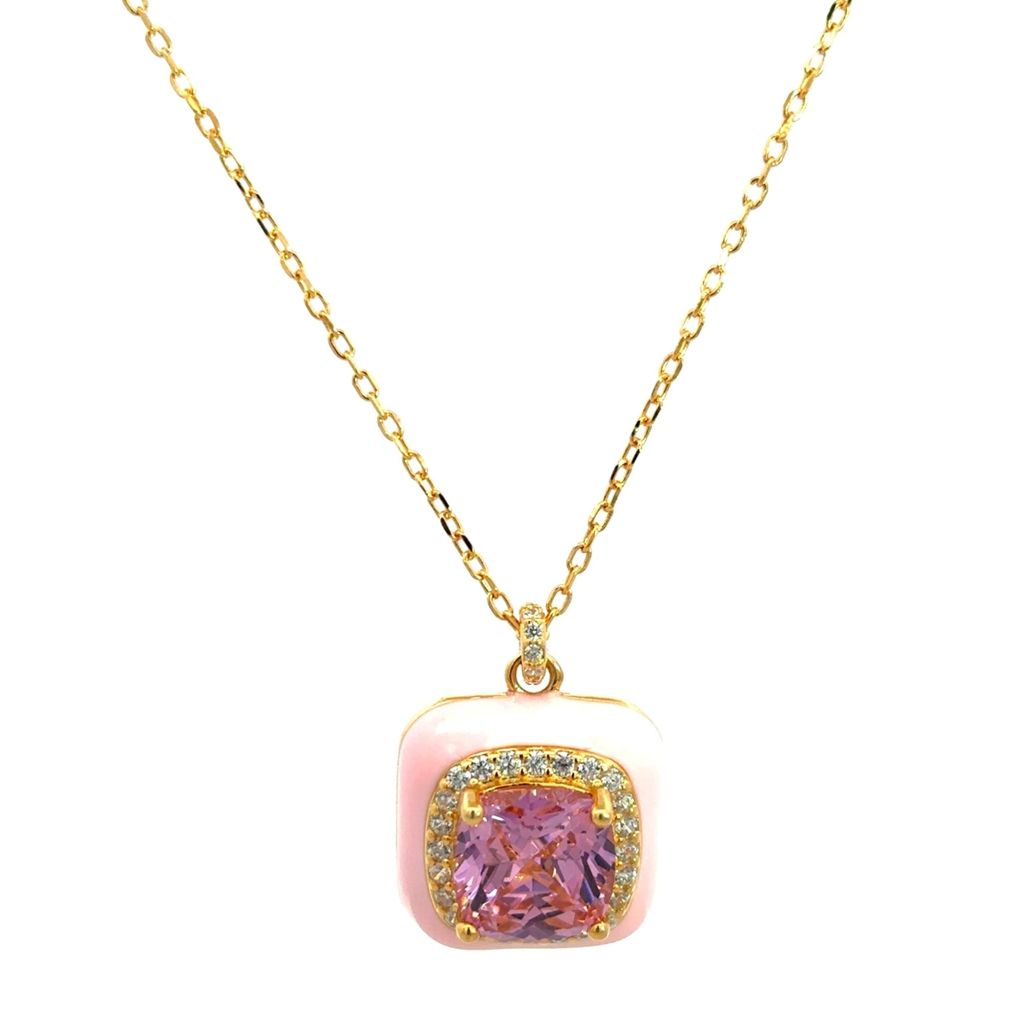 925GD BIG SQUARE PINK CZ ENAMEL PINK NECKLACE - C'SANTOS