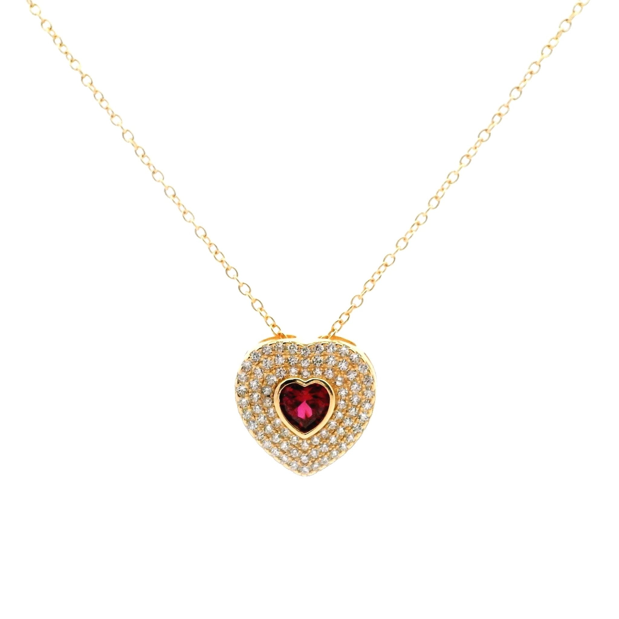 925GD HEART PAVE WITH HEART PINKISH RED CZ NECKLACE - C'SANTOS