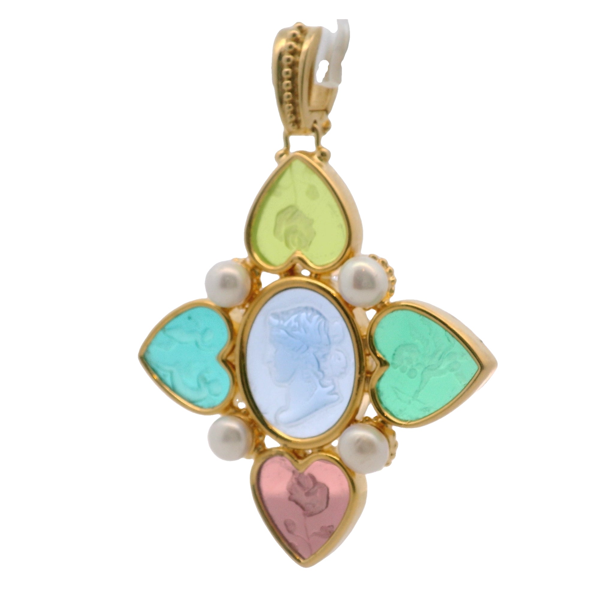 925GG MULTICOLOR FLOWER HEART WOMAN PROFILE CENTER BLUE PENDANT - C'SANTOS