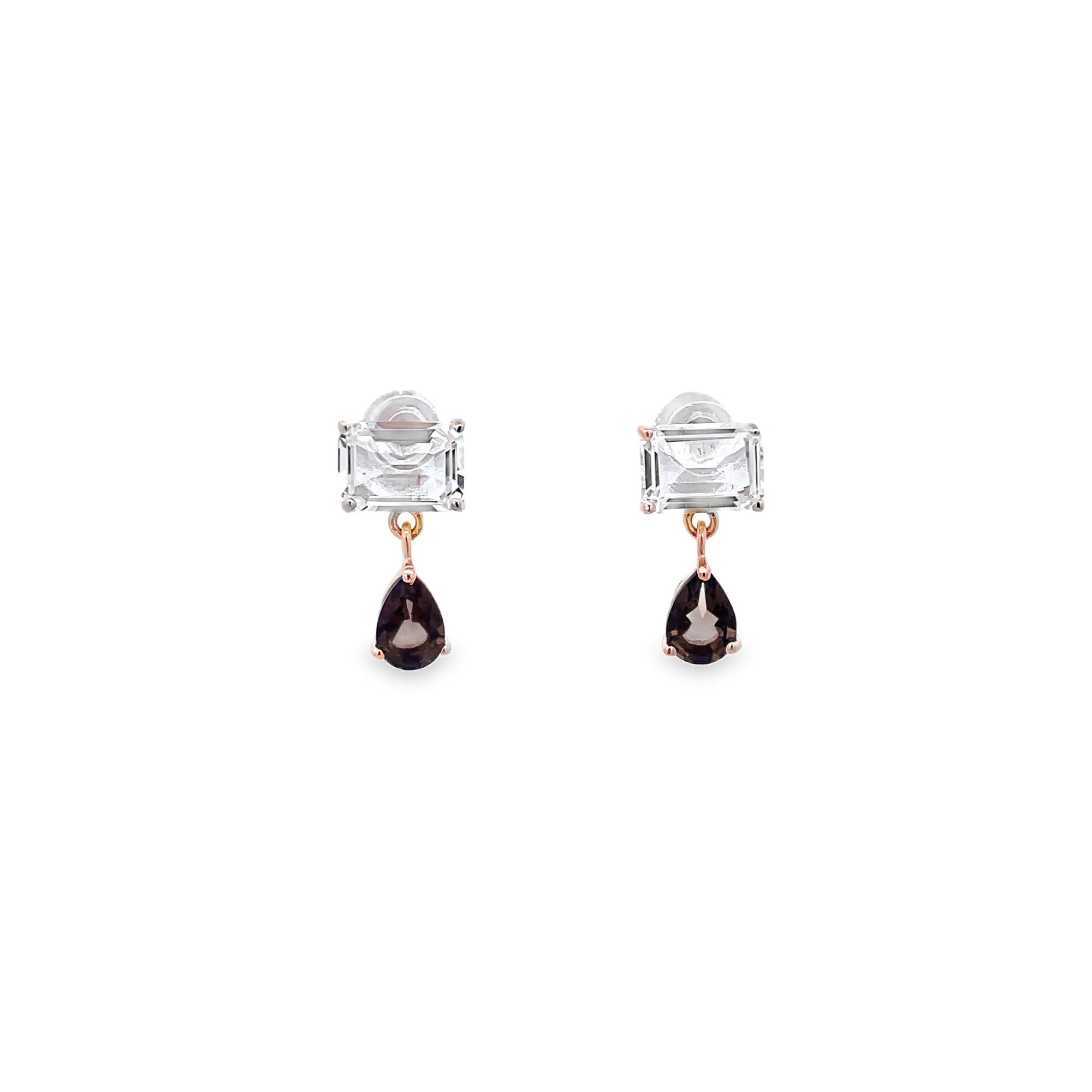 925RG BAGUETTE CRYSTAL PEAR CUT SMOKY QUARTZ EARRING - C'SANTOS