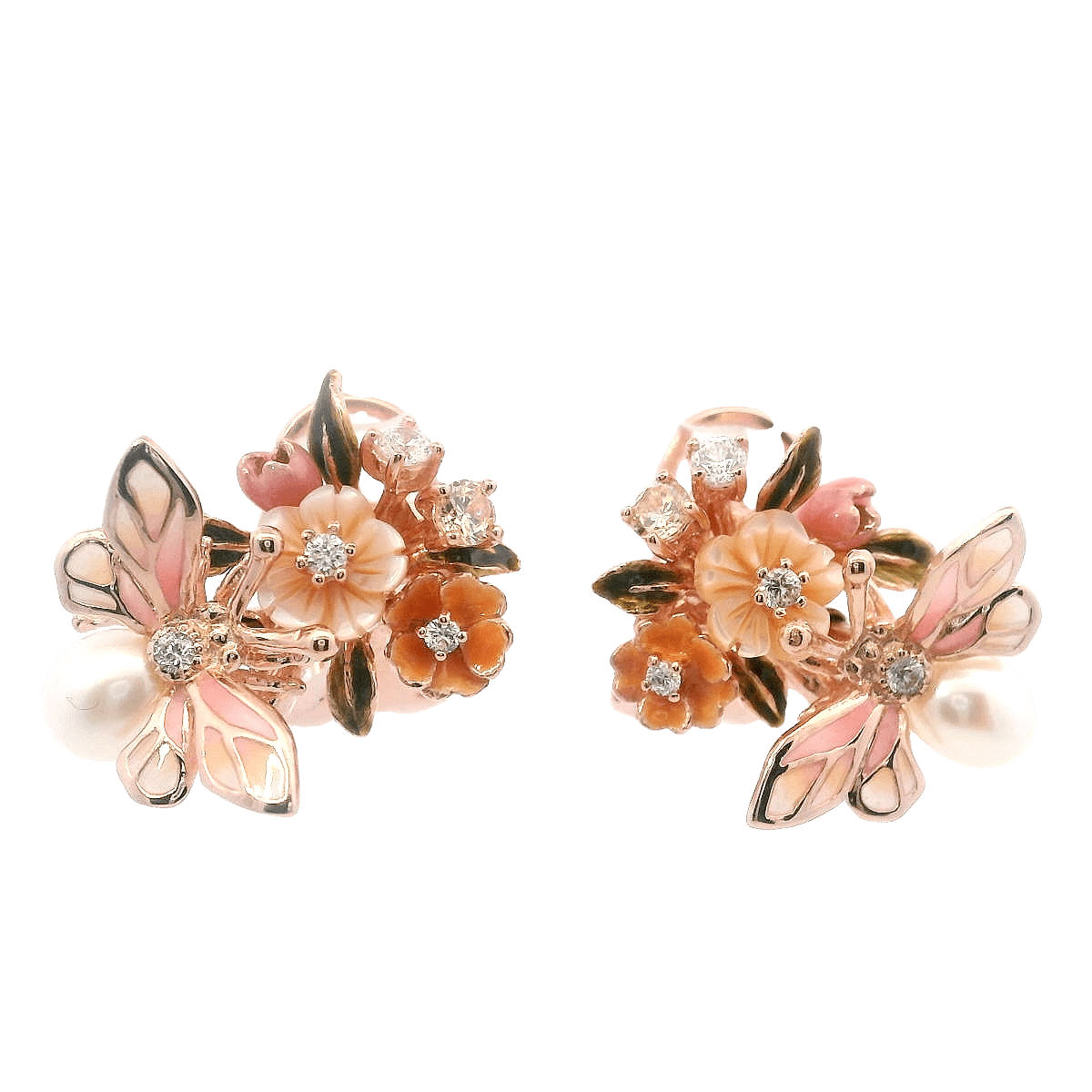 925RG BEE ENAMEL PINK WITH FLOWER PEARL EARRINGS - C'SANTOS