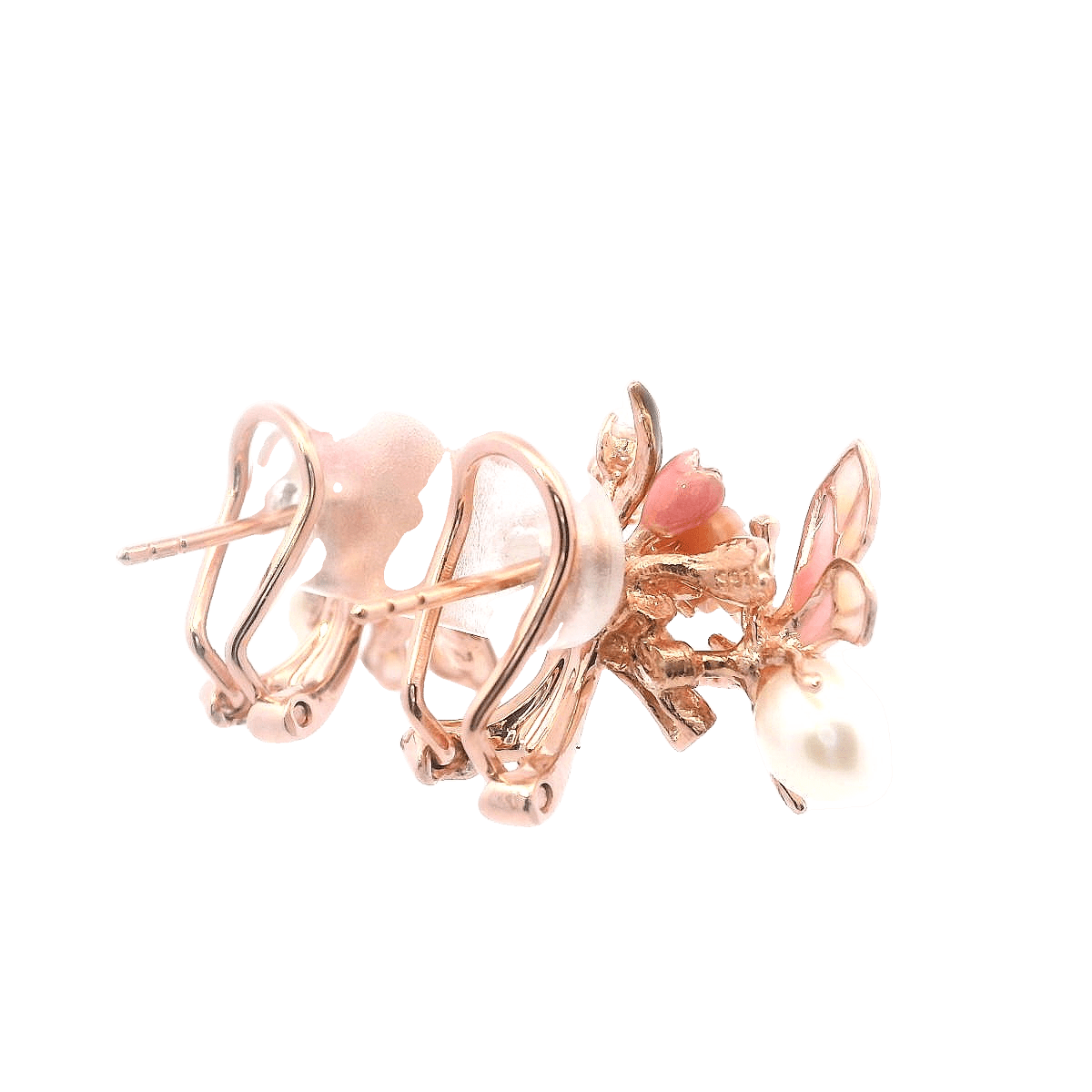 925RG BEE ENAMEL PINK WITH FLOWER PEARL EARRINGS - C'SANTOS