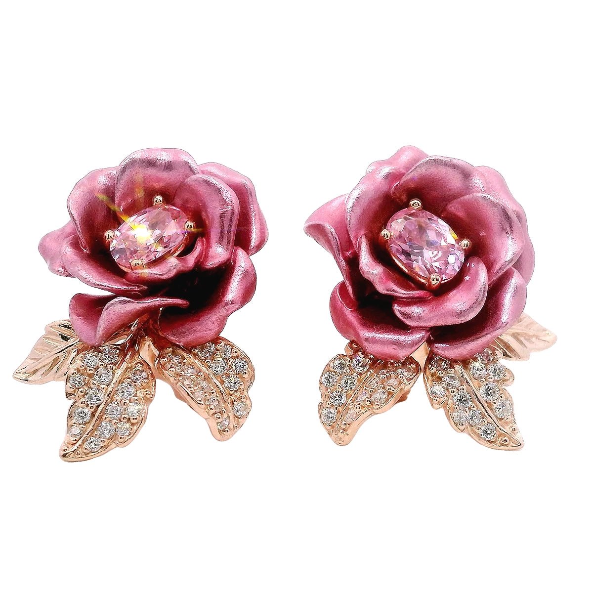 925RG BIG FLOWER PINK CENTER CZ PINK EARRINGS - C'SANTOS