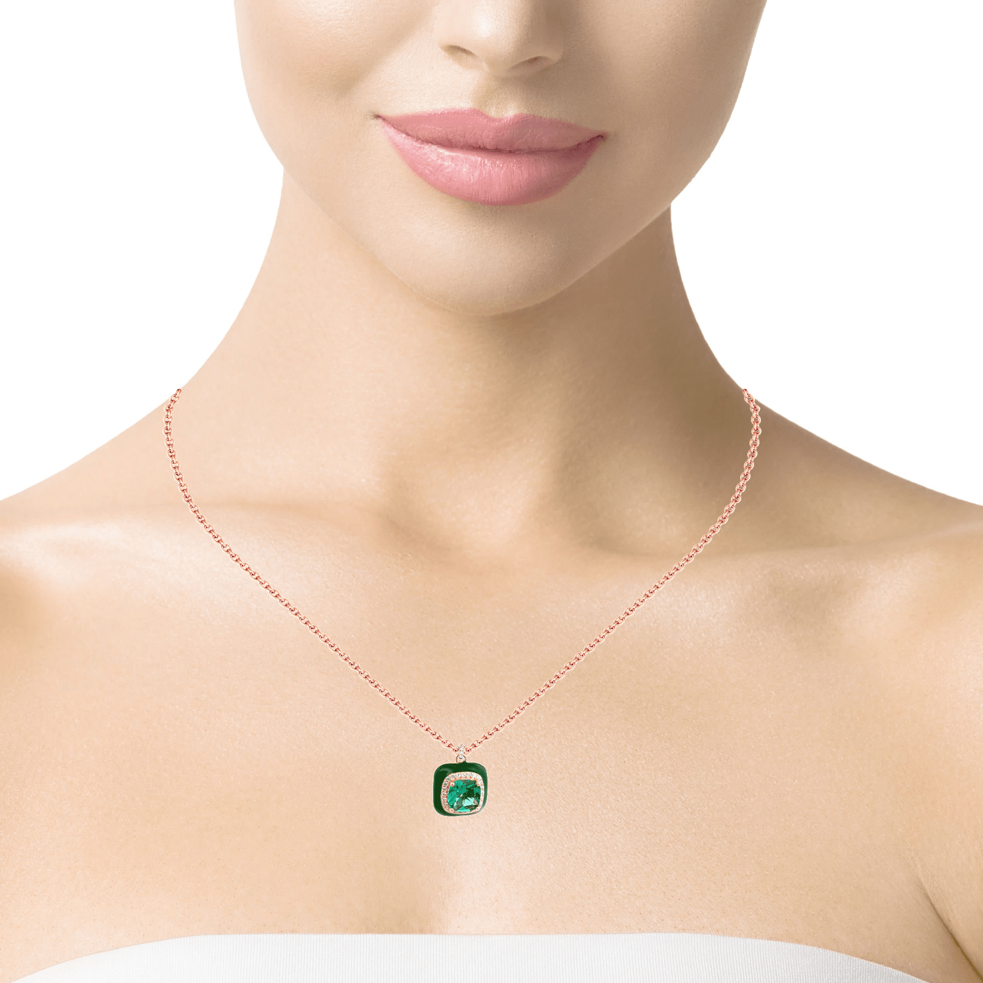 925RG BIG SQUARE GREEN CZ ENAMEL GREEN NECKLACE - C'SANTOS