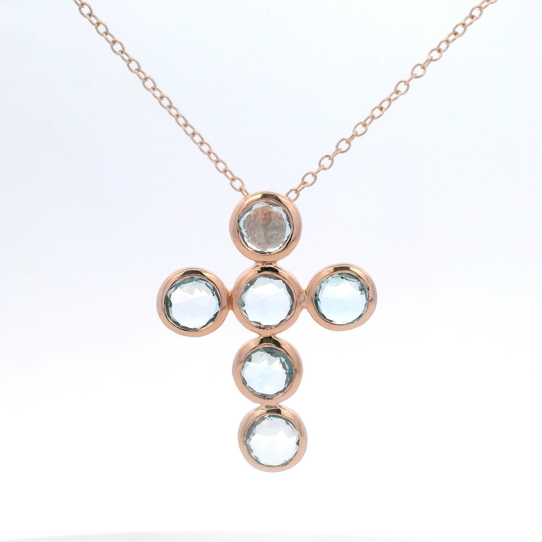 925RG CROSS OF ROUND TOPAZ BLUE NECKLACE - C'SANTOS