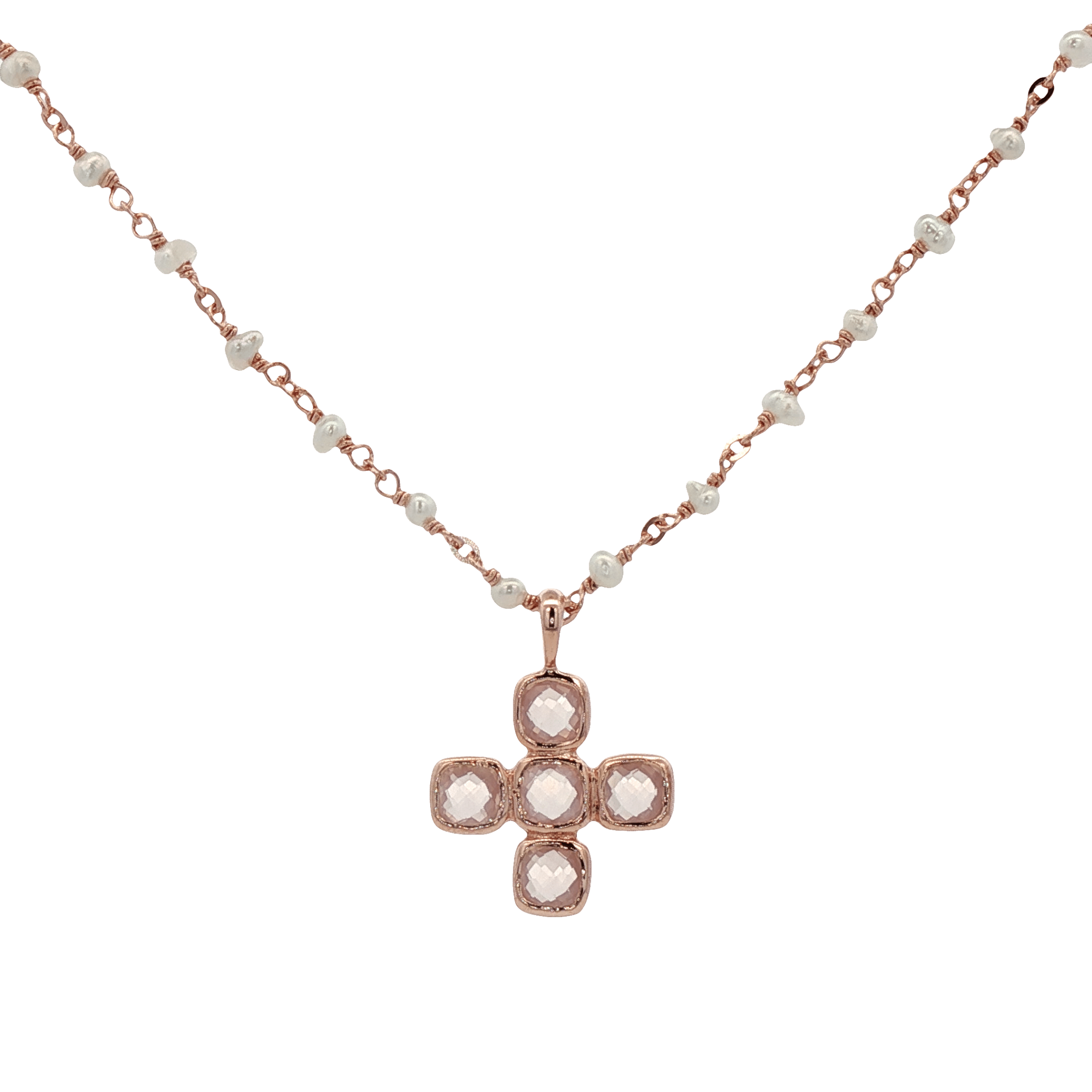 925RG CROSS ROSE QUARTZ NECKLACE - C'SANTOS