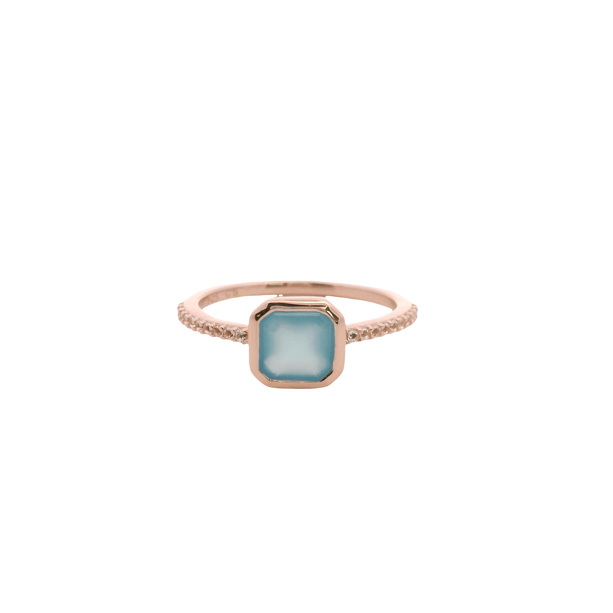 925RG CUSHION BEZEL CHALCEDONY BLUE AROUND TOPAZ WHITE RING T6.5 - C'SANTOS