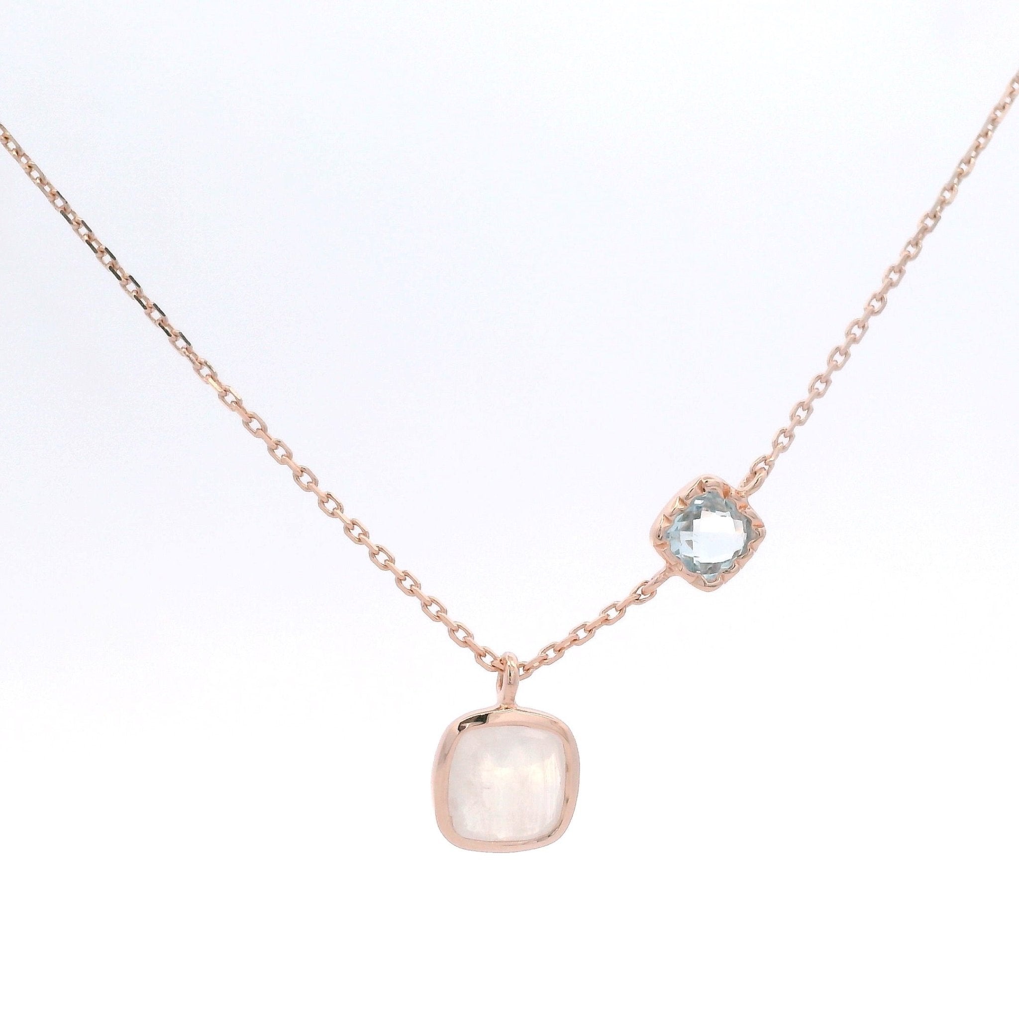 925RG DOUBLE SQUARE MOOSTONE WITH TOPAZ BLUE NECKLACE - C'SANTOS