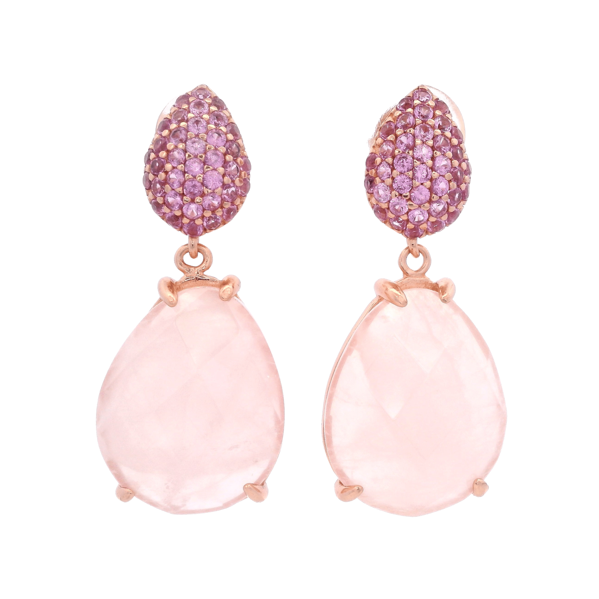 925RG DROP DOUBLE CUT PEAR EARRINGS ROSE QUARTZ & CZ - C'SANTOS