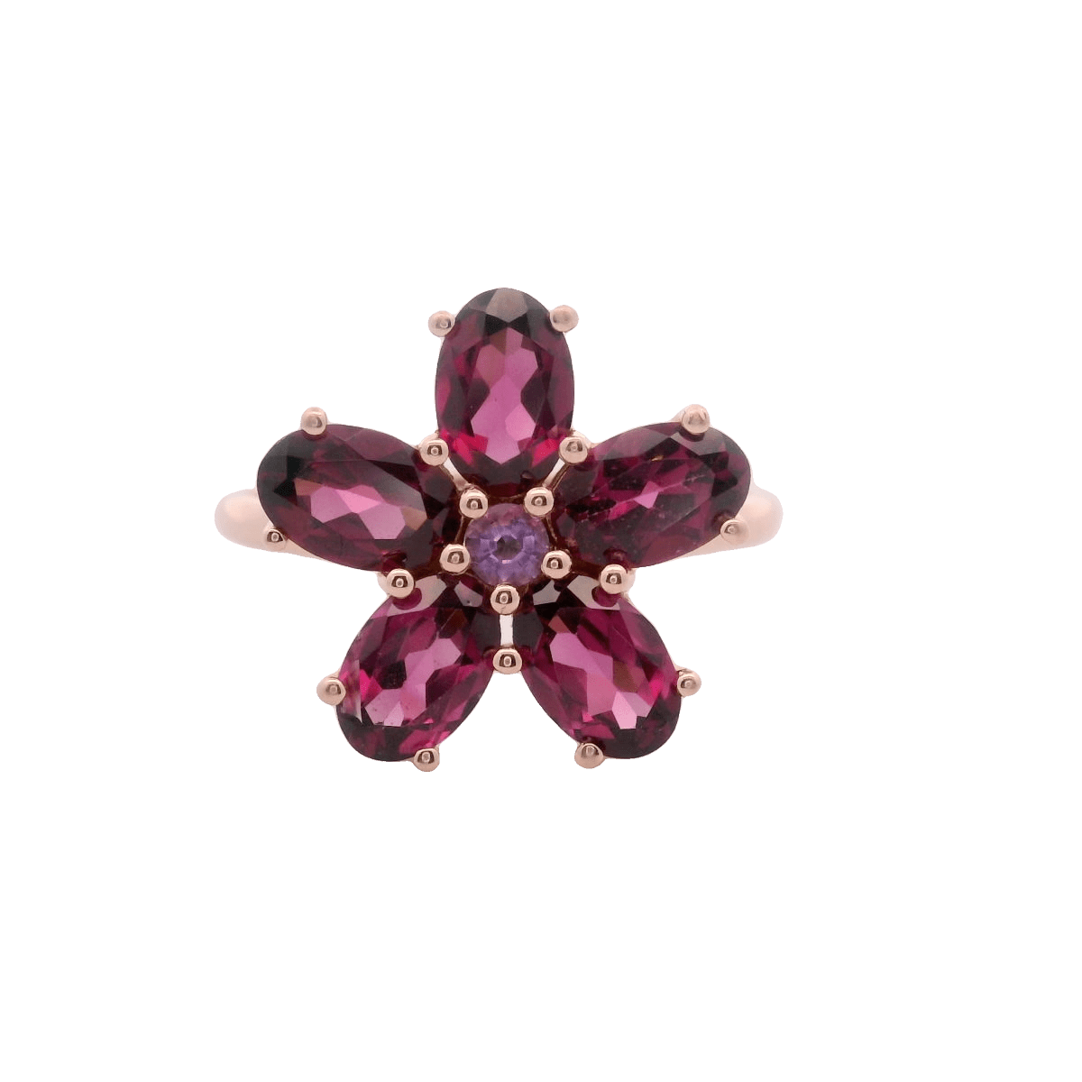 925RG FLOWER 14MM GARNET CENTER AMETHYST RING T6.5 - C'SANTOS
