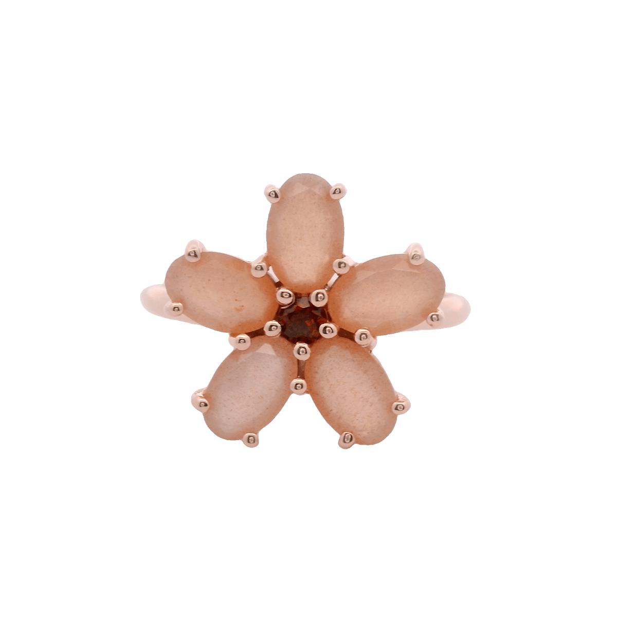 925RG FLOWER 14MM MOONSTONE CENTER GARNET RING T6.5 - C'SANTOS