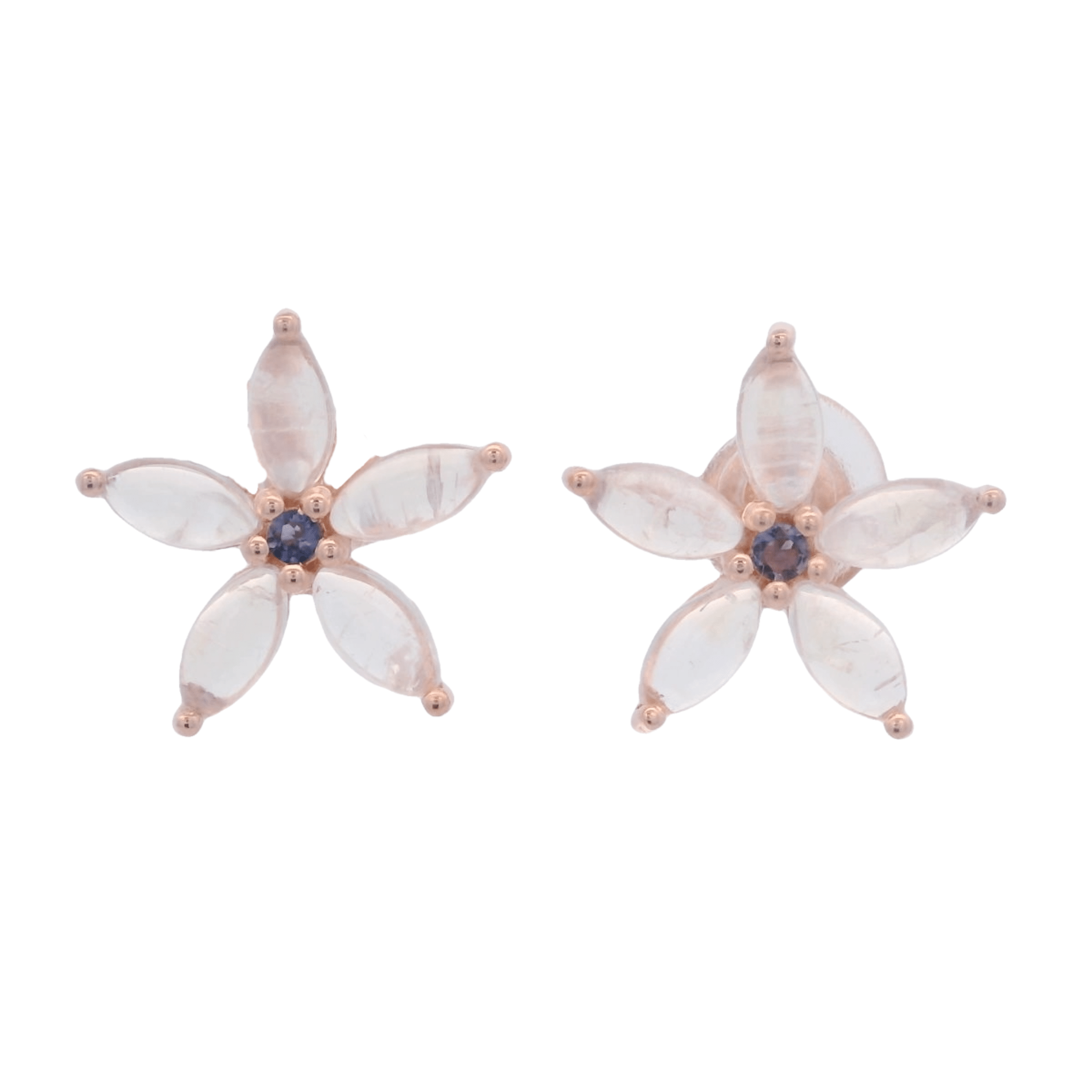 925RG FLOWER 15MM MOOSTONE CENTER IOLITE EARRINGS - C'SANTOS