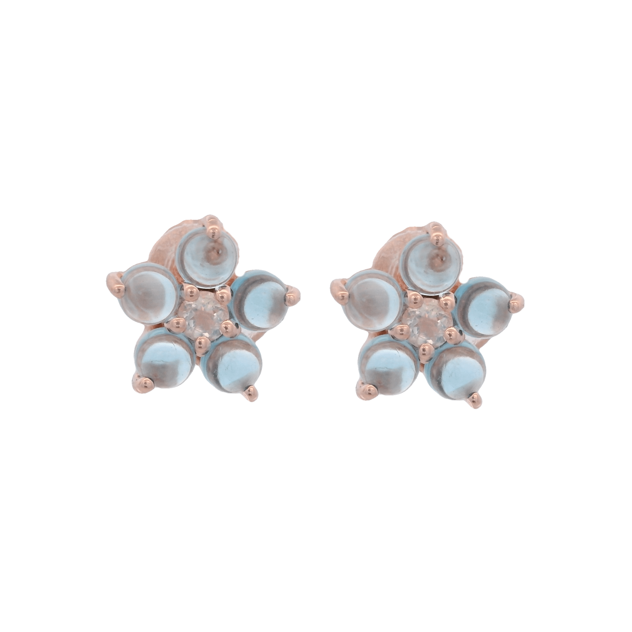 925RG FLOWER 8MM TOPAZ BLUE CENTER MOONSTONE EARRINGS - C'SANTOS