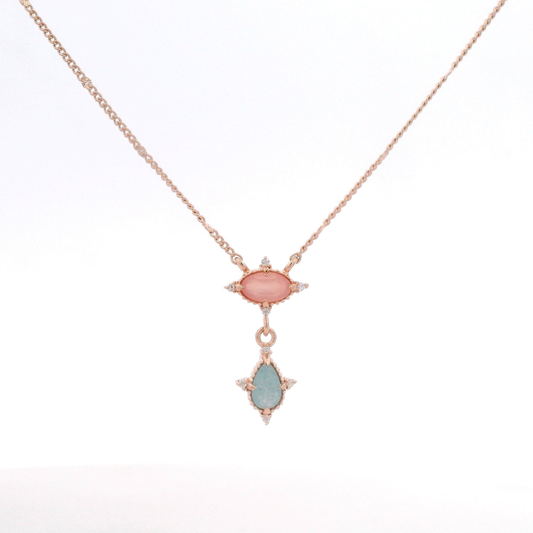 925RG MINI OVAL PINK QUARTZ DROP AQUA NECKLACE - C'SANTOS