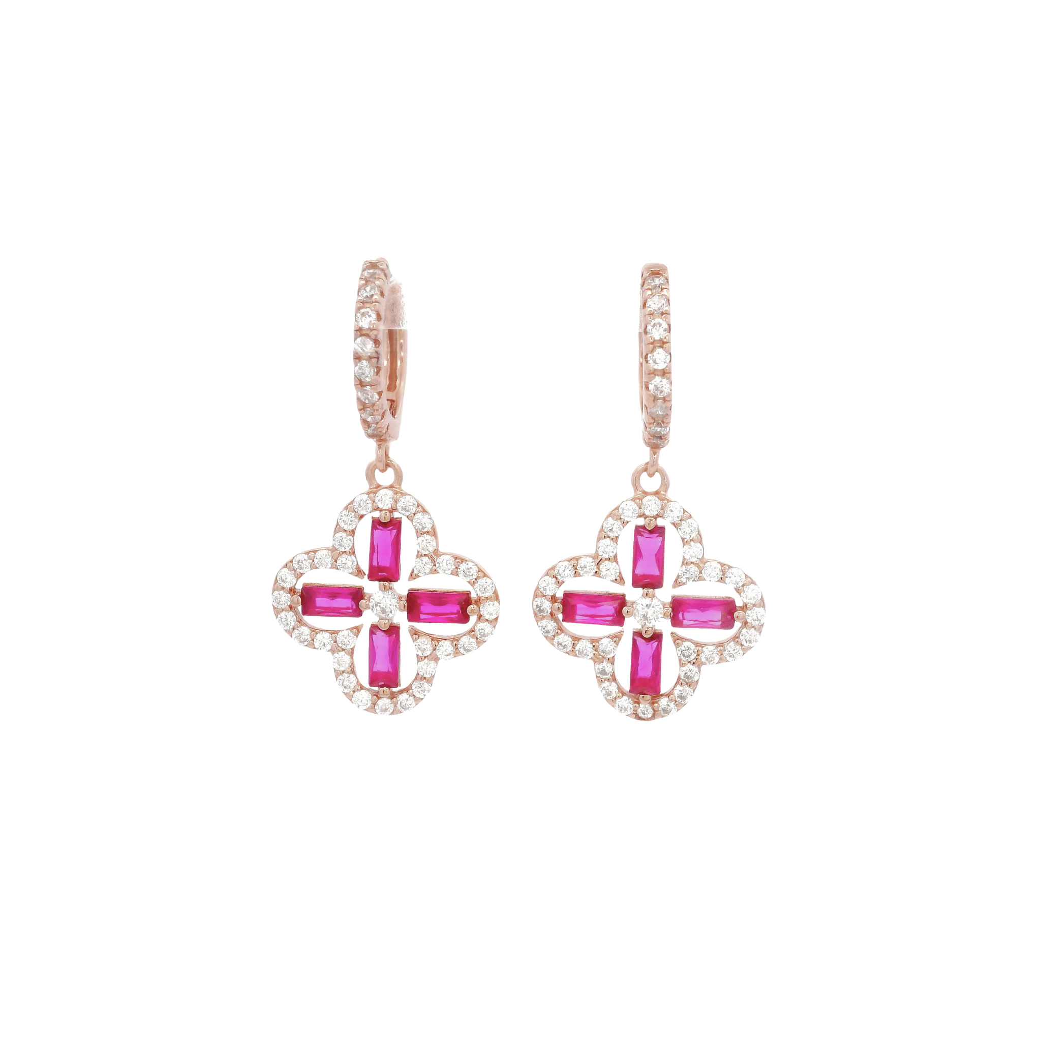 925RG OUTLINE CLOVER CZ FUSHIA EARRINGS - C'SANTOS