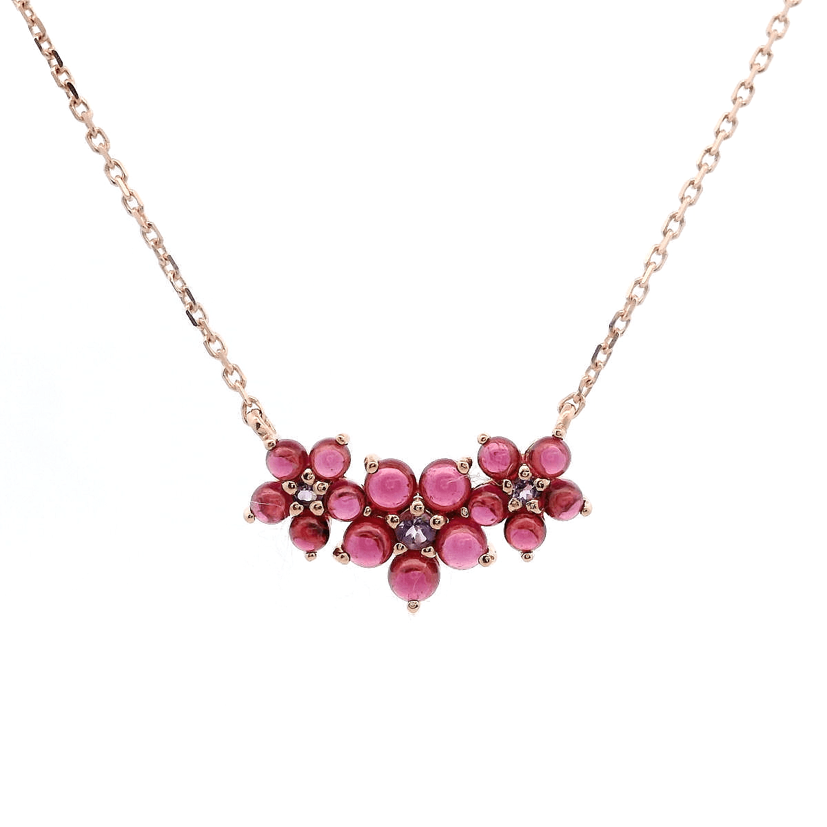 925RG TRIPLE FLOWER CENTER 8MM GARNET CENTER AMETHYST NECKLACE - C'SANTOS