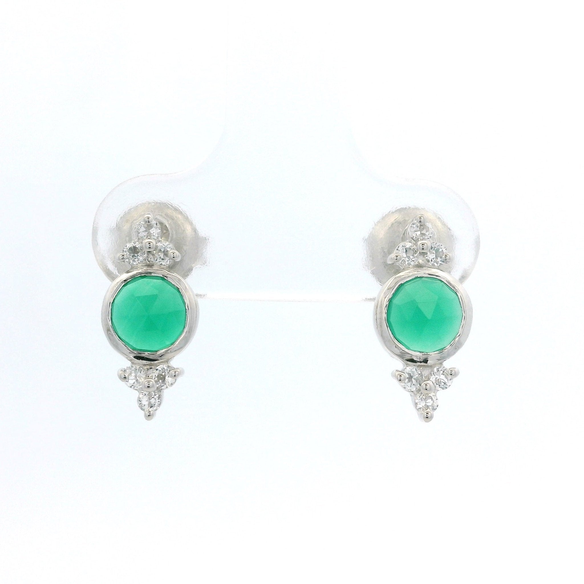 925SL BEZEL ONYX GREEN WITH POINTS TOPAZ WHITE EARRINGS - C'SANTOS